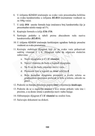 6. U üelijama G2:G14 izraþunajte za svako voüe procentualnu koliþinu
za svaku karakteristiku u üelijama B2:B14 (razmatrane vrednosti su
za 100g voüa).
7. U üeliji D16 unesite formulu koja izraþunava broj karakteristika þije je
procentualno uþešüe manje od 1%.
8. Kopirajte formulu u üelije E16: F16.
9. Sortirajte podatke u tabeli prema abecednom redu naziva
karakteristika (B2:B14).
10. U üelijama G2:G14 izraþunajte korišüenjem ugraÿene funkcije proseþne
vrednosti za svaku posmatranu.
11. Kreirajte stubiþasti dijagram koji üe za svako voüe prikazivati
sadržaj vitamina C i E. Dijagram treba da odgovara sledeüim
zahtevima:
a. Naziv dijagrama je C i E vitamini.
b. Nazivi vitamina da budu u legendi dijagrama.
c. Na X osi da budu oznaþeni nazivi voüa.
d. Promeniti font u legendi na Arial veliþina 8.
e. Boju pozadine dijagrama promeniti u svetlo zelenu sa
gradijentom (postepen prelazak iz bele u zelenu, odozdo na
gore).
12. Podesite za štampu dimenziju papira letter i orjentaciju landscape.
13. Podesite da se u zaglavlju stranice s leve strane prikaže vaše ime i
prezime, a sa desne strane u podnožju naziv radne knjige.
14. Odštampajte dijagram C i E vitamini na sredini lista.
15. Saþuvajte dokument na disketi.
155
 