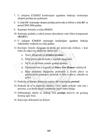 7. U üelijama C12:E12 korišüenjem ugraÿene funkcije izraþunajte
ukupnu prodaju po godinama.
8. U üeliji G4 izraþunajte ukupnu prodaju proizvoda sa šifrom u üeliji B4 za
period 2002-2004 godina.
9. Kopirajte formulu u üelije G5:G11.
10. Sortirajte podatke u tabeli prema abecednom redu šifara komponenti
(B4:B11).
11. U üelijama C14:E14 izraþunajte korišüenjem ugraÿene funkcije
maksimalne vrednosti za svaku godinu.
12. Kreirajte linijski dijagram za prvih pet proizvoda (šifara), i koji
treba da odgovara sledeüim zahtevima:
a. Naziv dijagrama je trendovi prodaje.
b. Šifre proizvoda da budu u legendi dijagrama.
c. Na X osi da budu oznaþe godine prodaje.
d. Promeniti font u legendi na Times New Roman veliþina 8.
e. Boju pozadine dijagrama promeniti u svetlo plavu sa
gradijentom (postepen prelazak iz bele u plavu, odozdo na
gore).
13. Podesite za štampu dimenziju papira A4 i orjentaciju portrait.
14. Podesite da se u zaglavlju stranice s leve strane prikaže vaše ime i
prezime, a sa desne strane u podnožju naziv radne knjige.
15. Odštampajte tabelu sa radnog lista prodaja poþevši od gornjeg
desnog ugla lista.
16. Saþuvajte dokument na disketi.
157
 