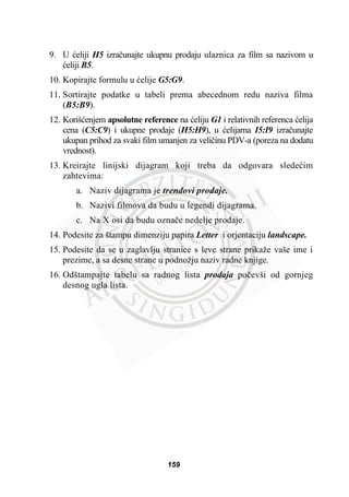 9. U üeliji H5 izraþunajte ukupnu prodaju ulaznica za film sa nazivom u
üeliji B5.
10. Kopirajte formulu u üelije G5:G9.
11. Sortirajte podatke u tabeli prema abecednom redu naziva filma
(B5:B9).
12. Korišüenjem apsolutne reference na üeliju G1 i relativnih referenca üelija
cena (C5:C9) i ukupne prodaje (H5:H9), u üelijama I5:I9 izraþunajte
ukupan prihod za svaki film umanjen za veliþinu PDV-a (poreza na dodatu
vrednost).
13. Kreirajte linijski dijagram koji treba da odgovara sledeüim
zahtevima:
a. Naziv dijagrama je trendovi prodaje.
b. Nazivi filmova da budu u legendi dijagrama.
c. Na X osi da budu oznaþe nedelje prodaje.
14. Podesite za štampu dimenziju papira Letter i orjentaciju landscape.
15. Podesite da se u zaglavlju stranice s leve strane prikaže vaše ime i
prezime, a sa desne strane u podnožju naziv radne knjige.
16. Odštampajte tabelu sa radnog lista prodaja poþevši od gornjeg
desnog ugla lista.
159
 