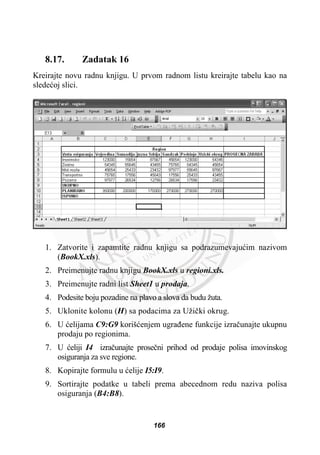 8.17. Zadatak 16
Kreirajte novu radnu knjigu. U prvom radnom listu kreirajte tabelu kao na
sledeüoj slici.
1. Zatvorite i zapamtite radnu knjigu sa podrazumevajuüim nazivom
(BookX.xls).
2. Preimenujte radnu knjigu BookX.xls u regioni.xls.
3. Preimenujte radni list Sheet1 u prodaja.
4. Podesite boju pozadine na plavo a slova da budu žuta.
5. Uklonite kolonu (H) sa podacima za Užiþki okrug.
6. U üelijama C9:G9 korišüenjem ugraÿene funkcije izraþunajte ukupnu
prodaju po regionima.
7. U üeliji I4 izraþunajte proseþni prihod od prodaje polisa imovinskog
osiguranja za sve regione.
8. Kopirajte formulu u üelije I5:I9.
9. Sortirajte podatke u tabeli prema abecednom redu naziva polisa
osiguranja (B4:B8).
166
 