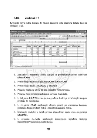 8.18. Zadatak 17
Kreirajte novu radnu knjigu. U prvom radnom listu kreirajte tabelu kao na
sledeüoj slici.
1. Zatvorite i zapamtite radnu knjigu sa podrazumevajuüim nazivom
(BookX.xls).
2. Preimenujte radnu knjigu BookX.xls u meseci.xls.
3. Preimenujte radni list Sheet1 u prodaja.
4. Podesite zaglavlje tabele da ima centralno poravnavanje.
5. Podesite boju pozadine na braon a slova da budu žuta.
6. U üelijama C9:E9 korišüenjem ugraÿene funkcije izraþunajte ukupnu
prodaju po mesecima.
7. U üelijama I4:K8 izraþunajte ukupni prihod po mesecima koristeüi
podatke o broju prodatih polisa i meseþnim cenama polisa.
8. Sortirajte podatke u tabeli prema abecednom redu vrsta osiguranja
(B4:B11).
9. U üelijama C11:E11 izraþunajte korišüenjem ugraÿene funkcije
maksimalne vrednosti za svaki mesec.
168
 