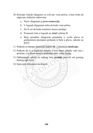10. Kreirajte linijski dijagram za svih pet vrsta polisa, a koji treba da
odgovara sledeüim zahtevima:
a. Naziv dijagrama je prvo tromeseþje.
b. U legendi dijagrama treba da budu vrste polisa.
c. Na X osi da budu oznaþeni meseci prodaje.
d. Promeniti font u legendi na Arial veliþina 9.
e. Boju pozadine dijagrama promeniti u svetlo plavu sa
gradijentom (postepen prelazak iz bele u plavu, odozdo na
gore).
11. Podesite za štampu dimenziju papira A4 i orjentaciju landscape.
12. Podesite da se u zaglavlju stranice s leve strane prikaže vaše ime i
prezime, a sa desne strane u podnožju naziv radne knjige.
13. Odštampajte tabelu sa radnog lista prodaja poþevši od gornjeg
desnog ugla lista.
14. Saþuvajte dokument na disketi.
169
 