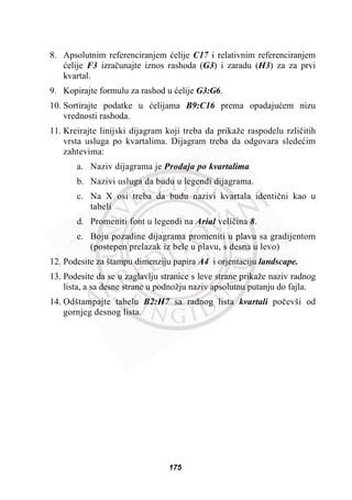 8. Apsolutnim referenciranjem üelije C17 i relativnim referenciranjem
üelije F3 izraþunajte iznos rashoda (G3) i zaradu (H3) za za prvi
kvartal.
9. Kopirajte formulu za rashod u üelije G3:G6.
10. Sortirajte podatke u üelijama B9:C16 prema opadajuüem nizu
vrednosti rashoda.
11. Kreirajte linijski dijagram koji treba da prikaže raspodelu rzliþitih
vrsta usluga po kvartalima. Dijagram treba da odgovara sledeüim
zahtevima:
a. Naziv dijagrama je Prodaja po kvartalima
b. Nazivi usluga da budu u legendi dijagrama.
c. Na X osi treba da budu nazivi kvartala identiþni kao u
tabeli
d. Promeniti font u legendi na Arial veliþina 8.
e. Boju pozadine dijagrama promeniti u plavu sa gradijentom
(postepen prelazak iz bele u plavu, s desna u levo)
12. Podesite za štampu dimenziju papira A4 i orjentaciju landscape.
13. Podesite da se u zaglavlju stranice s leve strane prikaže naziv radnog
lista, a sa desne strane u podnožju naziv apsolutnu putanju do fajla.
14. Odštampajte tabelu B2:H7 sa radnog lista kvartali poþevši od
gornjeg desnog lista.
175
 