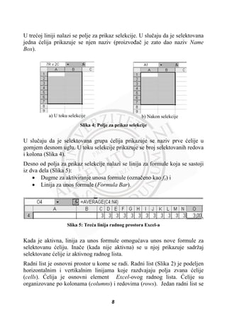 U treüoj liniji nalazi se polje za prikaz selekcije. U sluþaju da je selektovana
jedna üelija prikazuje se njen naziv (proizvoÿaþ je zato dao naziv Name
Box).
a) U toku selekcije b) Nakon selekcije
Slika 4: Polje za prikaz selekcije
U sluþaju da je selektovana grupa üelija prikazuje se naziv prve üelije u
gornjem desnom uglu. U toku selekcije prikazuje se broj selektovanih redova
i kolona (Slika 4).
Desno od polja za prikaz selekcije nalazi se linija za formule koja se sastoji
iz dva dela (Slika 5):
x Dugme za aktiviranje unosa formule (oznaþeno kao fx) i
x Linija za unos formule (Formula Bar).
Slika 5: Treüa linija radnog prostora Excel-a
Kada je aktivna, linija za unos formule omoguüava unos nove formule za
selektovanu üeliju. Inaþe (kada nije aktivna) se u njoj prikazuje sadržaj
selektovane üelije iz aktivnog radnog lista.
Radni list je osnovni prostor u kome se radi. Radni list (Slika 2) je podeljen
horizontalnim i vertikalnim linijama koje razdvajaju polja zvana üelije
(cells). ûelija je osnovni element Excel-ovog radnog lista. ûelije su
organizovane po kolonama (columns) i redovima (rows). Jedan radni list se
8
 