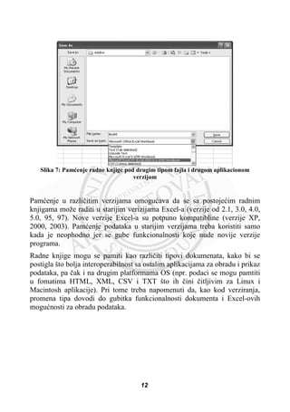 Slika 7: Pamüenje radne knjige pod drugim tipom fajla i drugom aplikacionom
verzijom
Pamüenje u razliþitim verzijama omoguüava da se sa postojeüim radnim
knjigama može raditi u starijim verizijama Excel-a (verzije od 2.1, 3.0, 4.0,
5.0, 95, 97). Nove verzije Excel-a su potpuno kompatibline (verzije XP,
2000, 2003). Pamüenje podataka u starijim verzijama treba koristiti samo
kada je neophodno jer se gube funkcionalnosti koje nude novije verzije
programa.
Radne knjige mogu se pamiti kao razliþiti tipovi dokumenata, kako bi se
postigla što bolja interoperabilnost sa ostalim aplikacijama za obradu i prikaz
podataka, pa þak i na drugim platformama OS (npr. podaci se mogu pamtiti
u fomatima HTML, XML, CSV i TXT što ih þini þitljivim za Linux i
Macintosh aplikacije). Pri tome treba napomenuti da, kao kod verziranja,
promena tipa dovodi do gubitka funkcionalnosti dokumenta i Excel-ovih
moguünosti za obradu podataka.
12
 