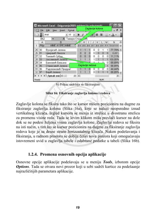 b) Prikaz sadržaja sa fiksiranjem
Slika 16: Fiksiranje zaglavlja kolona i redova
Zaglavlje kolona se fiksira tako što se kursor mišem pozicionira na dugme za
fiksiranje zaglavlja kolona (Slika 16a), koje se nalazi neopsredno iznad
vertikalnog klizaþa. Izgled kursora se menja iz strelice u dvostranu strelicu
za promenu visine reda. Tada se levim klikom miša prevlaþi kursor na dole
dok se ne podesi željena visina zaglavlja kolone. Zaglavlje redova se fiksira
na isti naþin, s tim što se kursor pozicionira na dugme za fiksiranje zaglavlja
redova koje je sa desne strane horizontalnog klizaþa. Nakon podešavanja i
fiksiranja, u radnom prostoru se dobija þetiri nova prozora koji omoguüavaju
istovremeni uvid u zaglavlja tabele i odabrane podatke u tabeli (Slika 16b).
1.2.4. Promena osnovnih opcija aplikacije
Osnovne opcije aplikacije podešavaju se u meniju Tools, izborom opcije
Options. Tada se otvara novi prozor koji u sebi sadrži kartice za podešaanje
najrazliþitijih parametara aplikacije.
19
 