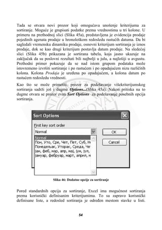 Tada se otvara novi prozor koji omoguüava unošenje kriterijuma za
sortiranje. Moguüe je grupisati podatke prema vrednostima u tri kolone. U
primeru na prethodnoj slici (Slika 45a), predstavljena je evidencija prodaje
pojedinih agenata prodaje u hronološkom redosledu rastuüih datuma. Da bi
sagledali vremensku dinamiku prodaje, osnovni kriterijum sortiranja je iznos
prodaje, dok se kao drugi kriterijum postavlja datum prodaje. Na sledeüoj
slici (Slika 45b) prikazana je sortirana tabela, koja jasno ukazuje na
zakljuþak da su poslovni rezultati bili najbolji u julu, a najlošiji u avgustu.
Prethodni primer pokazuje da se nad istom grupom podataka može
istovremeno izvršiti sortiranje i po rastuüem i po opadajuüem nizu razliþitih
kolona. Kolona Prodaja je ureÿena po opadajuüem, a kolona datum po
rastuüem redosledu vrednosti.
Kao što se može primetiti, prozor za podešavanje višekriterijumskog
sortiranja sadrži još i dugme Options...(Slika 45a). Nakon pritiska na to
dugme otvara se prozor zvan Sort Options za podešavanje posebnih opcija
sortiranja.
Slika 46: Dodatne opcije za sortiranje
Pored standardnih opcija za sortiranje, Excel ima moguünost sortiranja
prema korisniþki definisanim kriterijumima. To su zapravo korisniþki
definisane liste, a redosled sortiranja je odreÿen mestom stavke u listi.
54
 