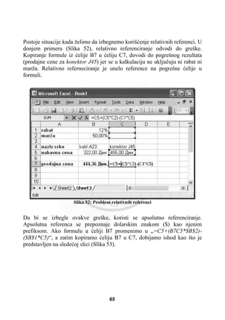 Postoje situacije kada želimo da izbegnemo korišüenje relativnih referenci. U
donjem primeru (Slika 52), relativno referenciranje odvodi do greške.
Kopiranje formule iz üelije B7 u üeliju C7, dovodi do pogrešnog rezultata
(prodajne cene za konektor J45) jer se u kalkulaciju ne ukljuþuju ni rabat ni
marža. Relativno referneciranje je unelo reference na pogrešne üelije u
formuli.
Slika 52: Problem relativnih referenci
Da bi se izbegle ovakve greške, koristi se apsolutno referenciranje.
Apsolutna referenca se prepoznaje dolarskim znakom ($) kao njenim
prefiksom. Ako formulu u üeliji B7 promenimo u „=C5+(B7C5*$B$2)-
($B$1*C5)“, a zatim kopiramo üeliju B7 u C7, dobijamo ishod kao što je
predstavljen na sledeüoj slici (Slika 53).
65
 