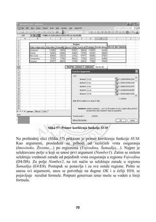 Slika 57: Primer korišüenja funkcije SUM
Na prethodnij slici (Slika 57) prikazan je primer korišüenja funkcije SUM.
Kao argumenti, prosleÿeni su prihodi od razliþitih vrsta osiguranja
(Imovinsko, Životno,...) po regionima (Vojvodina, Šumadija,...). Najpre je
selektovano polje u koji se unosi prvi argument (Number1). Zatim se mišem
selektuju vrednosti zarade od pojedinih vrsta osiguranja u regionu Vojvodina
(D4:D8). Za polje Number2, na isti naþin se selektuju zarade u regionu
Šumadija (E4:E8). Postupak se ponavlja i za sve ostale regione. Pošto se
unesu svi argumenti, unos se potvrÿuje na dugme OK i u üeliji H10, se
pojavljuje rezultat formule. Potpuni generisan izraz može se vodeti u liniji
formula.
70
 