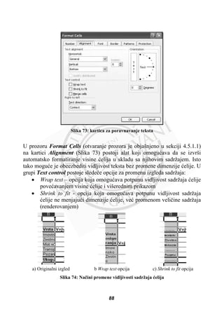 Slika 73: kartica za poravnavanje teksta
U prozoru Format Cells (otvaranje prozora je objašnjeno u sekciji 4.5.1.1)
na kartici Alignment (Slika 73) postoji alat koji omoguüava da se izvrši
automatsko formatiranje visine üelija u skladu sa njihovim sadržajem. Isto
tako moguüe je obeezbediti vidljivost teksta bez promene dimenzije üelije. U
grupi Text control postoje sledeüe opcije za promenu izgleda sadržaja:
x Wrap text – opcija koja omoguüava potpunu vidljivost sadržaja üelije
poveüavanjem visine üelije i višerednim prikazom
x Shrink to fit - opcija koja omoguüava potpunu vidljivost sadržaja
üelije ne menjajuüi dimenzije üelije, veü promenom veliþine sadržaja
(renderovanjem)
a) Originalni izgled b Wrap text opcija c) Shrink to fit opcija
Slika 74: Naþini promene vidljivosti sadržaja üelija
88
 