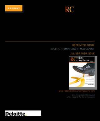 JAN-MAR 2014
www.riskandcompliancemagazine.com
RCrisk&
compliance
&
Inside this issue:
FEATURE
The evolving role of
the chief risk officer
EXPERT FORUM
Managing your company’s
regulatory exposure
HOT TOPIC
Data privacy in Europe
REPRINTED FROM:
RISK & COMPLIANCE MAGAZINE
JAN-MAR 2014 ISSUE
DATA PRIVACY
IN EUROPE
www.riskandcompliancemagazine.com
Visit the website to request
a free copy of the full e-magazine
Published by Financier Worldwide Ltd
riskandcompliance@financierworldwide.com
© 2014 Financier Worldwide Ltd. All rights reserved.
R E P R I N T
RCrisk&
compliance
&
MANAGING REGULATORY AND
COMPLIANCE CHALLENGES IN THE
FOOD INDUSTRY
���������������������������������
������������
risk&
compliance
RC
&
������������������
�������
�������������������������
��������������
������������
���������������������������
���������
���������������������������
������������������
REPRINTED FROM:
RISK & COMPLIANCE MAGAZINE
JUL-SEP 2018 ISSUE
www.riskandcompliancemagazine.com
Visit the website to request
a free copy of the full e-magazine
Published by Financier Worldwide Ltd
riskandcompliance@ﬁnancierworldwide.com
© 2018 Financier Worldwide Ltd. All rights reserved.
 