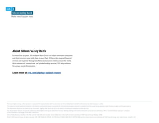 Peerless Insights Survey, a third-party firm, conducted the Startup Outlook 2017 survey online on Silicon Valley Bank’s behalf from November 14, 2016 to January 3, 2017.
This material, including without limitation to the statistical information herein, is provided for informational purposes only and is compiled from the survey that we worked on with Peerless Insights, a third-party source.
The information should not be viewed as tax, investment, legal or other advice nor is it to be relied on in making an investment or other decision.
You should obtain relevant and specific professional advice before making any investment decision. Nothing relating to the material should be construed as a solicitation, offer or recommendation to acquire or dispose
of any investment or to engage in any other transaction.
Silicon Valley Bank is a member of the FDIC and the Federal Reserve System. Silicon Valley Bank is the California bank subsidiary of SVB Financial Group (Nasdaq: SIVB).
©2017 SVB Financial Group. All rights reserved. SVB, SVB FINANCIAL GROUP, SILICON VALLEY BANK, MAKE NEXT HAPPEN NOW and the chevron device are trademarks of SVB Financial Group, used under license. CompID—274
About Silicon Valley Bank
For more than 30 years, Silicon Valley Bank (SVB) has helped innovative companies
and their investors move bold ideas forward, fast. SVB provides targeted financial
services and expertise through its offices in innovation centers around the world.
With commercial, international and private banking services, SVB helps address
the unique needs of innovators.
Learn more at svb.com/startup-outlook-report
 