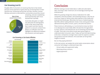 MEDIA  ENTERTAINMENT
45 46
INDEX
Live Streaming (cont’d)
Roughly 20% of consumers on social say they love to live stream
because of the experience it gives them by connecting them to their
favorite artist. Streaming services like YouTube, Ustream, Concert
Window and Justin.tv have built fan communities around live concert
streaming, and even establishing
brand partnerships with music
festivals like Coachella.
Social data also gives us insight
into what else this demographic
tends to like, what shows they
like to watch and their favorite
platform to consume content from.
Below is an affinities chart that
highlights the differences between
live-streamers and event-goers.
Share of Voice
Live Streaming of Concerts,
Festivals, and Sports Games
Concerts
60%
Sports
Games
38%
Festivals 2%
Live Streaming vs Live Events Aﬃnities
Live Streaming
Writing
2x more
(v. Live Events)
Glee
2x more
American Idol
2x more
Harry Styles
2x more
YouTube
3x more
Xbox 360
3x more
Simon Cowell
4x more
Game Development
5x more
Sneakers
4x more
(v. Live Streaming)
Astrology
4x more
Nike
4x more
Fantasy Football
4x more
Snapchat
3x more
Country Music
2x more
Sports News
2x more
Fitness
2x more
Live Events
Conclusion
Whether looking at social media data or cable and subscription
data, one thing is clear: Americans are increasingly streaming their
entertainment.
While this growing change has obvious implications for cable
companies, internet providers, and streaming services, it also has an
enormous impact on almost every other element of the media and
entertainment landscape. What does the future of advertising look
like? Who will be making television shows in the coming years? How
will livestreaming affect concerts, sports, and other live events?
These trends are still evolving, so it can be hard to know, but there
is no denying that social media offers the best lens through which
to track, measure, and interpret the rise of streaming and the death
of cable. There was a time when brands went great lengths to
understand what consumers value. Today, we have that data knocking
at the door. Companies no longer have to wait for experts to predict
and portend consumer behavior, the social web can bring these
insights to brands.
But are they paying attention?
In the next section, we analyze the social media conversations about
consumer technology to understand topics like:
• Virtual reality and augmented reality
• Mounting privacy concerns
• Digital payements
 