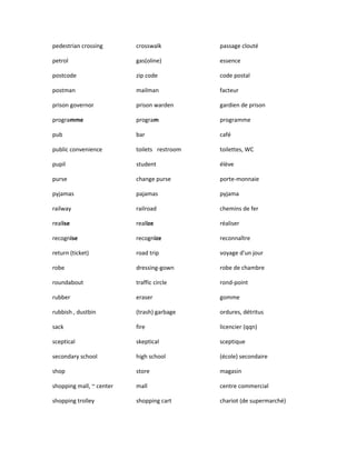 pedestrian crossing crosswalk passage clouté
petrol gas(oline) essence
postcode zip code code postal
postman mailman facteur
prison governor prison warden gardien de prison
programme program programme
pub bar café
public convenience toilets restroom toilettes, WC
pupil student élève
purse change purse porte-monnaie
pyjamas pajamas pyjama
railway railroad chemins de fer
realise realize réaliser
recognise recognize reconnaître
return (ticket) road trip voyage d'un jour
robe dressing-gown robe de chambre
roundabout traffic circle rond-point
rubber eraser gomme
rubbish , dustbin (trash) garbage ordures, détritus
sack fire licencier (qqn)
sceptical skeptical sceptique
secondary school high school (école) secondaire
shop store magasin
shopping mall, ~ center mall centre commercial
shopping trolley shopping cart chariot (de supermarché)
 