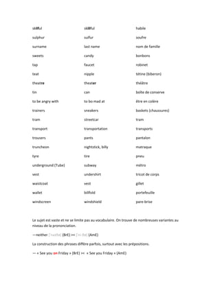 skilful skillful habile
sulphur sulfur soufre
surname last name nom de famille
sweets candy bonbons
tap faucet robinet
teat nipple tétine (biberon)
theatre theater théâtre
tin can boîte de conserve
to be angry with to bo mad at être en colère
trainers sneakers baskets (chaussures)
tram streetcar tram
transport transportation transports
trousers pants pantalon
truncheon nightstick, billy matraque
tyre tire pneu
underground (Tube) subway métro
vest undershirt tricot de corps
waistcoat vest gillet
wallet billfold portefeuille
windscreen windshield pare-brise
Le sujet est vaste et ne se limite pas au vocabulaire. On trouve de nombreuses variantes au
niveau de la prononciation.
—neither [ na ð ]ˈ ɪ ə (BrE) >< [ ni ð ]ˈ ː ə (AmE)
La construction des phrases diffère parfois, surtout avec les prépositions.
— « See you on Friday » (BrE) >< « See you Friday » (AmE)
 