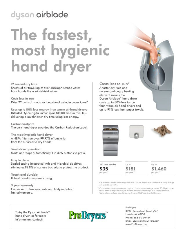Dyson Airblade Specs and Sell Sheet