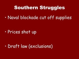 Southern Struggles Naval blockade cut off supplies Prices shot up Draft law (exclusions) 