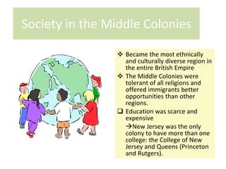 Society in the Middle Colonies Became the most ethnically and culturally diverse region in the entire British Empire The Middle Colonies were tolerant of all religions and offered immigrants better opportunities than other regions.  Education was scarce and expensive  New Jersey was the only colony to have more than one college: the College of New Jersey and Queens (Princeton and Rutgers). 