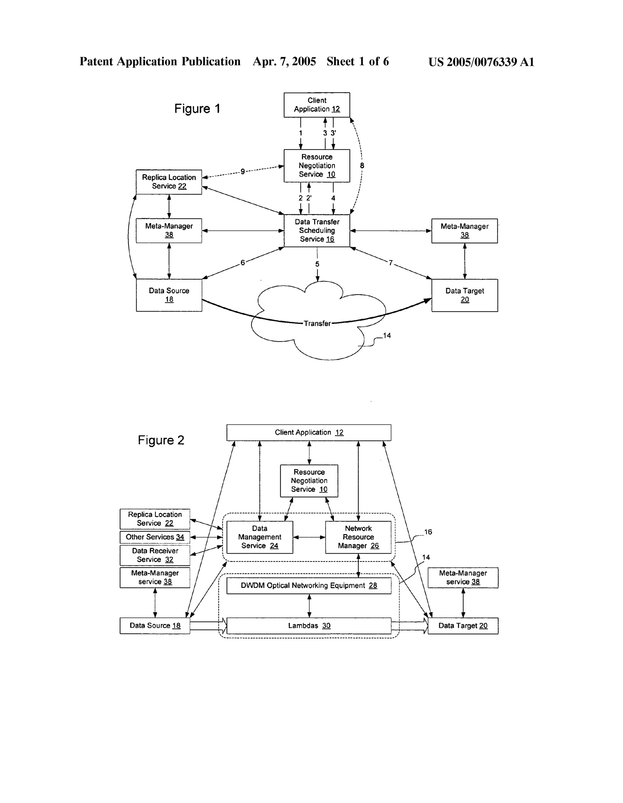 Patent Application Publication Apr. 7, 2005 Sheet 1 0f 6 US 2005/0076339 A1 
_ Client Flgure 1 Appiication? 
9 __________ "v N1 Reegostoiuart3ci oe3n ' 8 
Replica Location 4-- ------ " sew“ 111 ;' 
Service2_2_ I + I j 
i‘ 2i 2l' 4i 
Meta-Manager ogtcilgi?zger Meta»Manager 
& Service E E 
‘ i 
6 5 7 
i 
Data Source Data Target 
E Q 
14 
_ I ClientAppiication 2 
Figure 2 M A‘ 
v 
Resource 
Negotiation 
Service _1_Q 
Replica Location " if * ‘I 
S ' 22 
emce _ Data Network 16 
Other Services a Management = > Resource 
_ Service 2_4 Manager 15 
Data Receiver 
Service Q ‘i 14 
Meta-Manager Meta-Manager 
service 3 service Q 
DWDM Optical Networking Equipment A i 
i A 
A 
i 
Data Source 1_8_ Data Target Q 
 