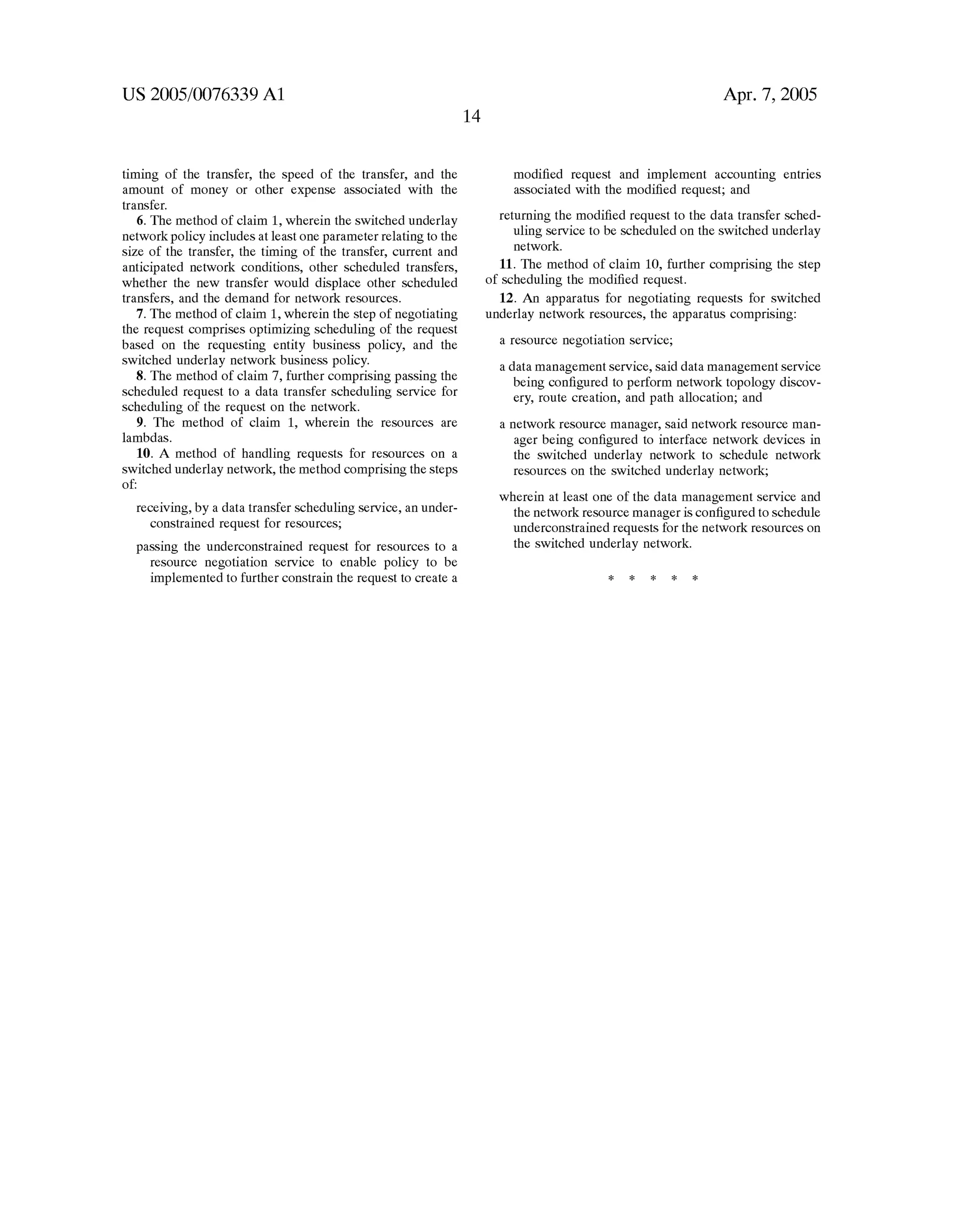 Method and apparatus for automated negotiation for resources on a switched underlay network