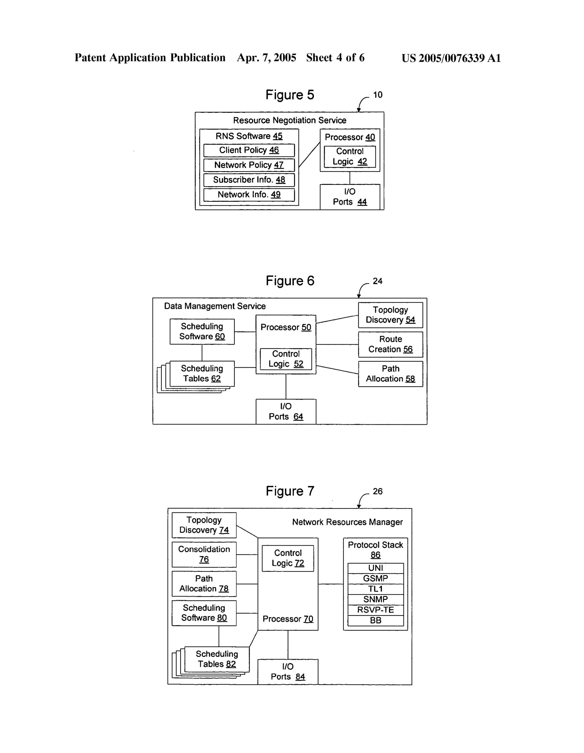 Patent Application Publication Apr. 7, 2005 Sheet 4 0f 6 US 2005/0076339 A1 
Figure 5 [10 
Resource Negotiation Service 
RNS Software 15 Processor 4_0_ 
Client Policy @ Control 
Network Policy ? Logic 9'2 
Subscriber Info. i8_ I 
Network Info. 52 HO 
Ports 55 
Figure 6 f 24 
Data Management Service Topology 
. / Discove 3 
Scheduling Processor Q ry 
Software QQ Route 
Control Creation @ 
Scheduling L°9'° Q  Path 
Tables 5g Allocation 58, 
HO 
Ports 6_4 
Figure 7 f 26 
T°P°|°9Y Network Resources Manager 
Discovery 15 
Consolidation Control protocgstack 
E Logl. cjg UNI 
Path GSMP 
Allocation E TL1 
SNMP 
Scheduling Rsvpqq; 
Software Q Processor 1Q BB 
Scheduling 
Tables 52 Ho 
Ports {ii 
 