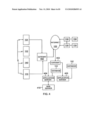 Patent Application Publication Nov. 11, 2010 Sheet 4 0f 8 US 2010/0286993 A1
r’ _1_1 1_3_0 1.5g
INTERNET i
J m
GATEWAY
4i I
/ “ 152
J 149 —— GATEWAY I
151 DATABASE
I
DATABASE
I 119- 494 495
APPLICATION APPLICATION
SERVER SERVER
WEB
410'“ SERVER
FIG. 4
 
