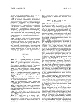 US 2011/0166903 A1
takes into account Technical/Regulatory barriers while pro
cessing and displaying results on “Offshorability”.
[0016] Most prior art tends to focus on “Job Duties” or
“Tasks” or “Geographic cost differentials” and “Computer/
Telephony requirements” which are only a few ofelements in
deciding ajob’s “Offshorability”. PriorArt ignores additional
key elements like “Education requirements for a Job”,
“Annual Salary Levels”, “Department Size”, “Attrition levels
in the profession”, “Training Requirements”, “Intellectual
Property issues”, “Con?dentiality”, “Ramp up or down
requirements”, “Hardware/Industrial environment issues”
and “Seasonal or Project Oriented nature of the job” all of
which come into play in an Offshore Outsourcing decision
and have been addressed and carry relevant weight in the
present embodiment of “Web based Offshorability Probabil
ity Calculator”.
[0017] Although the primary motive ofthese embodiments
ofthe tool is to help “individuals” or “employees” in assess
ing theirjobs, this calculator can also be used as an inexpen
sive alternative by Corporations to decide on what jobs they
could potentially source from an offshore location. In most
cases, they end up spending thousands or millions of dollars
in expensive consulting time to perform such an analysis at
Business Operations level. The tool can also be used to
supplement those ?ndings or help in “preliminary assess
ment” to decide if a detailed operations analysis is necessary.
DRAWINGS
Figures
[0018] FIG. 1 is a ?owchart illustrating User’s access and
high level operation of one embodiment of the calculator.
[0019] FIG. 2 is a ?owchart illustrating steps used in build
ing one embodiment of the calculator using Microsoft
EXCEL and Web enabling it by converting it into another
embodiment of calculator (HTML/JavaScript based).
[0020] FIG. 3 is an illustration ofhow User Input is selected
and Decision weight assignment accomplished using
EXCEL’s Logical and Mathematical functions.
[0021] FIG. 4 is yet another illustration ofinterpreting User
Input and assigning decision weight using EXCEL’s Logical
function.
[0022] FIG. 5 is an illustration of EXCEL Formula with
appropriate EXCEL Sheet and Cell references used to calcu
late SCORE to be Output to users.
[0023] FIG. 6 is an illustration of EXCEL’s Formulas used
to convert SCORE into Offshorability Probability ranges
using EXCEL’s Logical functions.
[0024] FIGS. 7A and 7B depict screens ofone embodiment
ofWeb based Offshorability Calculator available on the inter
net as fully functional working model that can be accessed on
www.OffshoreProof.com.
[0025] FIG. 8 depicts Sheet-l of the Microsoft EXCEL
based embodiment ofCalculator, which is used to intake User
inputs and display results.
[0026] FIG. 9 depicts Sheet-2 of the Microsoft EXCEL
based embodiment ofCalculator, which is used to list all User
Input Parameters, Possible Choices of User Selections and
Distribution and Assignment of Decision weights to each of
these Choices.
Jul. 7, 2011
[0027] FIG. 10 depicts Sheet-3 of the Microsoft EXCEL
based embodiment of Calculator, which houses the Calcula
tion Block.
DETAILED DESCRIPTION OF THE
EMBODIMENTS
[0028] The following description is intended to convey a
thorough understanding of the “Job Analysis Tool” by pro
viding a number of speci?c embodiments and details involv
ing a system andmethod forproviding “Offshorability analy
sis” of an “individual job” in a high-cost geography. It is
understood, however that the invention is not limited to these
speci?c embodiments and details, which are exemplary only.
It is further understood that one possessing ordinary skill in
the art, in light ofknown systems and methods, would appre
ciate the use ofthe tool for its intended purposes and bene?ts
in any number of alternative embodiments, depending upon
speci?c design and other needs.
[0029] FIG. 1 is a ?owchart illustrating User’s access to and
high level operation ofone embodiment ofthe calculator. The
Web enabled embodiment of the tool can be accessed using
any Internet enabled Hardware device 20 such as a Personal
Computer, Laptop, Cellular Phone, Video gaming system
attached to a Television, Wi-Fi enabled Video Game, Tablet
PC etc. The key components ofsuch a system include an Input
device (Keyboard, Mouse, Touch-screen, Game Controllers,
Keypad etc.), an Output Display (Monitor, LCD Panel, Cell
phone display, Television etc.), a Central Processing Unit
(CPU), different types of Memory units (RAM, ROM, Hard
Disc, Removable Media), Controllers and Interface devices,
System Power and Clock Unit and an Operating System
(Windows, Unix, Blackberry OS, iOS etc.).
[0030] In addition to hardware and operating software, the
Web enabled embodiment of “Job Analysis Tool” requires a
Web (Internet) Browser 22 and an intemet connection (wire
less or wired). The usage of HTML/JavaScript based calcu
lator 26 on Internet Browser (Internet Explorer, Chrome etc.)
requires that JavaScript or Active Scripting be “Enabled” in
the Internet Browser. Web enabled embodiment of calculator
may be accessed by visiting www.OffshoreProof.com 24 on
the internet and clicking appropriate links on website to load
the HTML/JavaScript based calculator 26. The tool may also
be made available on other websites in present or different
embodiments.
[0031] User is provided a Drop Down menu of choices to
select their Inputs in step 28 and also provided a RESET
button on top and bottom to RESET all selected inputs to
default values. In step 30, as User selects their answers to each
question, a real time Calculation and Comparison engine
assigns Weights and in step 32 User can see the SCORE and
its Offshorability Probability analysis dynamically change
with each user Input.
[0032] FIG. 2 is a ?owchart illustrating steps used in build
ing one embodiment of the calculator using Microsoft
EXCEL and Web enabling it by converting it into another
embodiment of calculator (HTML/JavaScript based). The
?rst important step 34 in building the tool is selecting the Key
parameters by narrowing down on all available Criteria in?u
encing the “Offshorability” ofany individual’s Job, Career or
Profession. This requires extensive experience in the Off
shore Outsourcing domain and was brought about using
inventor’s decade long work in this ?eld (Fifteen such param
eters have been chosen as User Inputs in present embodi
ments).Yet another domain speci?c step 36 is to break up the
 