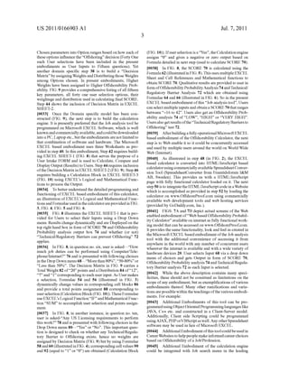 US 2011/0166903 A1
Chosen parameters into Option ranges based on hoW each of
these options in?uence the “Offshoring” decision (Forty One
such User selections have been included in the present
embodiments as User Inputs to Fifteen questions). Yet
another domain speci?c step 38 is to build a “Decision
Matrix” by assigning Weights and Distributing those Weights
among Options chosen. In present embodiments, Higher
Weights have been assigned to Higher Offshorability Prob
ability. FIG. 9 provides a comprehensive listing ofall ?fteen
key parameters, all forty one user selection options, their
Weightage and distribution used in calculating ?nal SCORE.
Step 44 shoWs the inclusion of Decision Matrix in EXCEL
SHEET-2.
[0033] Once the Domain speci?c model has been con
structed (FIG. 9), the next step is to build the calculation
engine. It is presently preferred that the Job analysis tool be
programmed on Microsoft EXCEL Software, Which is Well
knoWn and commercially available, and couldbe doWnloaded
into a PC, Laptop etc., but the embodiments are not limited to
that combination of softWare and hardWare. The Microsoft
EXCEL based embodiment uses three Worksheets as pro
vided in step 40. In this embodiment, Step 42 requires build
ing EXCEL SHEET-1 (FIG. 8) that serves the purpose of a
User Intake FORM and is used to Calculate, Compare and
Display Output (Results) to Users. Step 44 requires inclusion
ofthe Decision Matrix in EXCEL SHEET-2 (FIG. 9). Step 46
requires building a Calculation Block in EXCEL SHEET-3
(FIG. 10) using EXCEL’s Logical and Mathematical Func
tions to process the Output.
[0034] To better understand the detailed programming and
functioning of EXCEL based embodiment ofthis calculator,
an illustration of EXCEL’s Logical and Mathematical Func
tions and Formulae used in the calculator are provided in FIG.
3, FIG. 4, FIG. 5 and FIG. 6.
[0035] FIG. 8 illustrates the EXCEL SHEET-1 that is pro
vided for Users to select their Inputs using a Drop DoWn
menu. Results change dynamically and are Displayed on the
top right hand box in form of SCORE 70 and Offshorability
Probability analysis output box 74 and Whether (or not)
“Technical/Regulatory Barriers can prevent Offshoring” 72
applies.
[0036] In FIG. 8, in question no. six, user is askedi“HoW
much job duties can be performed using Computer/Tele
phone/Internet?” 76 and is presented With folloWing choices
in the Drop DoWn menu 68i“More than 80%”, “SO-80%” or
“Less than 50%”. The Decision Matrix in FIG. 9 carries a
Total Weight 82 of“20” points and a Distribution 84 of“12”,
“7” and “1” corresponding to each user input. As User makes
a selection, Formulae 54 and 56 (illustrated in FIG. 3)
dynamically change values in corresponding cell blocks 86
and provide a total points assignment 88 corresponding to
user selection (Calculation Block (FIG. 10)). These Formulae
use EXCEL’s Logical Function “IF” and Mathematical Func
tion “SUM” to accomplish user selection and points assign
ment.
[0037] In FIG. 8, in another instance, in question no. ten,
user is asked-“Any US Licensing requirements to perform
this Work?” 78 and is presented With folloWing choices in the
Drop DoWn menu 80i“Yes” or “No”. This important ques
tion is designed to check on Whether any Technical/Regula
tory Barrier to Offshoring exists, hence no Weights are
assigned by Decision Matrix (FIG. 9) but by using Formulae
58 and 60 (illustrated in FIG. 4), corresponding cell values 90
and 92 (equal to “1” or “0”) are obtained (Calculation Block
Jul. 7, 2011
(FIG. 10)). Ifuser selection is a “Yes”, the Calculation engine
assigns “0” and gives a negative or Zero output based on
Formula detailed in next step (used to calculate SCORE 70).
[0038] In FIG. 8, the SCORE 70 is calculated using the
Formula 62 (illustrated in FIG. 5). This uses multiple EXCEL
Sheet and Cell References and Mathematical functions to
obtain SCORE 70. Qualitative results are provided to user in
form ofOffshorability ProbabilityAnalysis 74 andTechnical/
Regulatory Barrier Analysis 72 Which are obtained using
Formulae 64 and 66 (illustrated in FIG. 6). So in the present
EXCEL based embodiment ofthis “Job analysis tool”, Users
can select multiple inputs and obtain a SCORE 70 that ranges
betWeen “—1 6 to 42”. Users also get an Offshorability Prob
ability analysis 74 of “LOW”, “HIGH” or “VERY HIGH”.
Users also get results ofthe “Technical/Regulatory Barriers to
Offshoring” test 72.
[0039] Afterbuilding a fully operational Microsoft EXCEL
based embodiment of the Offshorability Calculator, the next
step is to Web enable it so it could be concurrently accessed
and used by multiple users around the World on World Wide
Web (Internet).
[0040] As illustrated in step 48 (in FIG. 2), the EXCEL
based calculator is converted into HTML/JavaScript based
calculatorusing commercially available Spreadsheet Conver
sion Tool (SpreadsheetConverter from Framtidsforum I&M
AB, SWeden). This provides us With a HTML/JavaScript
page With fully functional calculator loaded on it. The next
step 50 is to integrate the HTML/JavaScript code in a Website
Which is accomplished as provided in step 52 by loading the
calculator on WWW.OffshoreProof.com using commercially
available Web development tools and Web hosting services
(provided by GoDaddy.com, Inc.).
[0041] FIGS. 7A and 7B depict actual screens of the Web
enabled embodiment of“Web based Offshorability Probabil
ity Calculator” available on internet as fully functional Work
ing model that can be accessed on WWW.OffshoreProof.com.
It provides the same functionality, look and feel as created in
the Microsoft EXCEL based embodiment ofthe Job analysis
tool With the additional convenience of accessing it from
anyWhere in the World With any number of concurrent users
Wherever the internet is available and With a Wide variety of
hardWare devices 20. User selects Input 68 via a drop doWn
menu of choices and gets Output in form of SCORE 70,
Offshorability Probability analysis 74 and Technical/Regula
tory Barrier analysis 72 as each Input is selected.
[0042] While the above description contains many speci
?cities, these should not be construed as limitations on the
scope of any embodiment, but as exempli?cations ofvarious
embodiments thereof. Many other rami?cations and varia
tions are possible Within the teachings ofthe various embodi
ments. For example:
[0043] Additional Embodiments of this tool can be pro
grammedusing Object Oriented Programming languages like
JAVA, C++ etc. and constructed in a Client-Server model.
Additionally, Client side Scripting could be programmed
usingAJAX, PHP orVBScript as Well.Any other Spreadsheet
softWare may be used in lieu of Microsoft EXCEL.
[0044] Additional Embodiment ofthis tool could be used in
Career Websites to help people make informed career choices
based on Offshorability of a Job/Profession.
[0045] Additional Embodiment of the calculation engine
could be integrated With Job search menu in the leading
 
