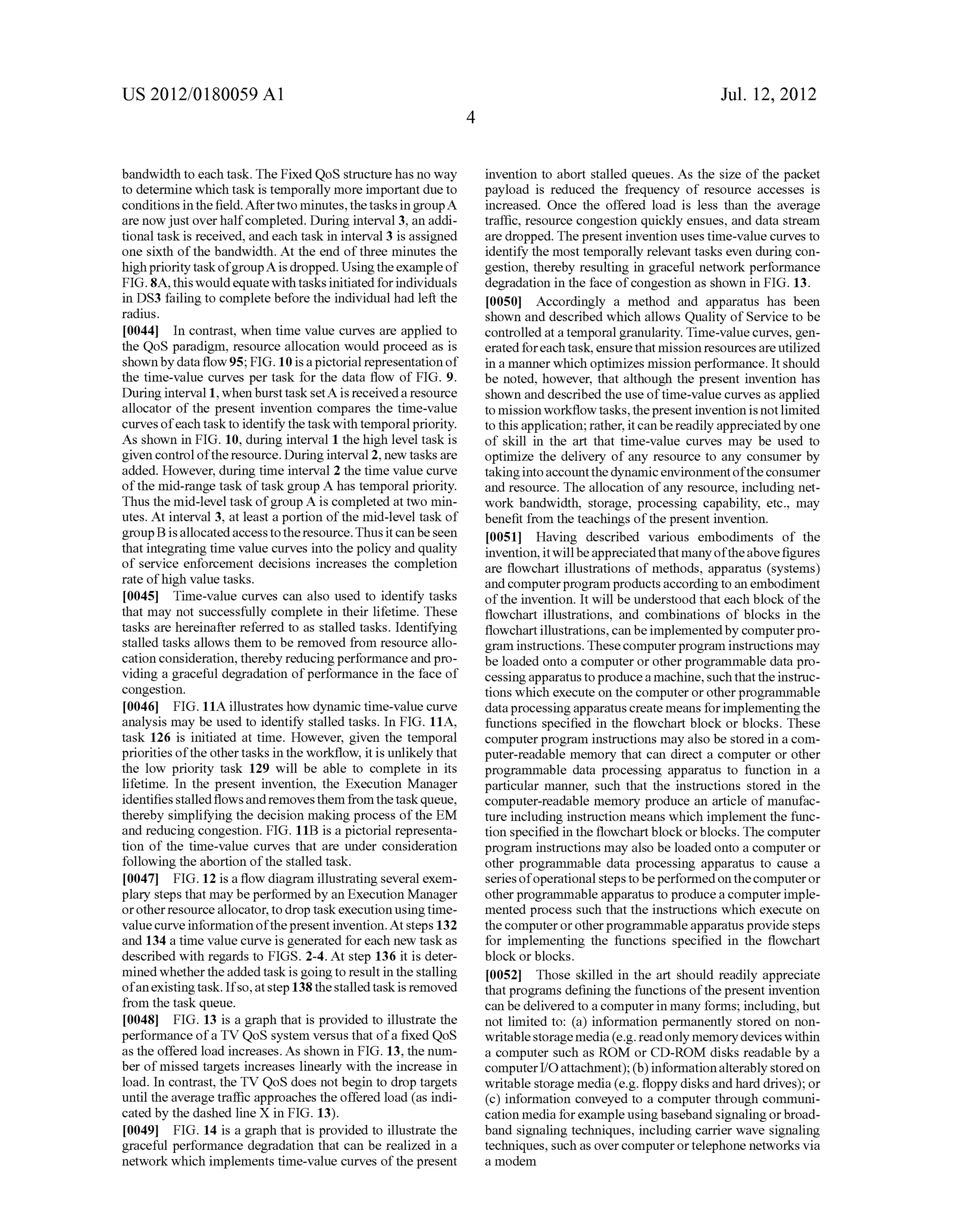 US 2012/0180059 A1 
bandwidth to each task. The Fixed QoS structure has no way 
to determine which task is temporally more important due to 
conditions in the ?eld. After two minutes, the tasks in group A 
are now just over half completed. During interval 3, an addi 
tional task is received, and each task in interval 3 is assigned 
one sixth of the bandwidth. At the end of three minutes the 
high priority task of group A is dropped. Using the example of 
FIG. 8A, this would equate with tasks initiated for individuals 
in DS3 failing to complete before the individual had left the 
radius. 
[0044] In contrast, when time value curves are applied to 
the QoS paradigm, resource allocation would proceed as is 
shown by data ?ow 95; FIG. 10 is a pictorial representation of 
the time-value curves per task for the data ?ow of FIG. 9. 
During interval 1, when burst task setA is received a resource 
allocator of the present invention compares the time-value 
curves of each task to identify the task with temporal priority. 
As shown in FIG. 10, during interval 1 the high level task is 
given control of the resource. During interval 2, new tasks are 
added. However, during time interval 2 the time value curve 
of the mid-range task of task group A has temporal priority. 
Thus the mid-level task of group A is completed at two min 
utes. At interval 3, at least a portion of the mid-level task of 
group B is allocated access to the resource. Thus it can be seen 
that integrating time value curves into the policy and quality 
of service enforcement decisions increases the completion 
rate of high value tasks. 
[0045] Time-value curves can also used to identify tasks 
that may not successfully complete in their lifetime. These 
tasks are hereinafter referred to as stalled tasks. Identifying 
stalled tasks allows them to be removed from resource allo 
cation consideration, thereby reducing performance and pro 
viding a graceful degradation of performance in the face of 
congestion. 
[0046] FIG. 11A illustrates how dynamic time-value curve 
analysis may be used to identify stalled tasks. In FIG. 11A, 
task 126 is initiated at time. However, given the temporal 
priorities of the other tasks in the work?ow, it is unlikely that 
the low priority task 129 will be able to complete in its 
lifetime. In the present invention, the Execution Manager 
identi?es stalled ?ows and removes them from the task queue, 
thereby simplifying the decision making process of the EM 
and reducing congestion. FIG. 11B is a pictorial representa 
tion of the time-value curves that are under consideration 
following the abortion of the stalled task. 
[0047] FIG. 12 is a ?ow diagram illustrating several exem 
plary steps that may be performed by an Execution Manager 
or other resource allocator, to drop task execution using time 
value curve information of the present invention. At steps 132 
and 134 a time value curve is generated for each new task as 
described with regards to FIGS. 2-4. At step 136 it is deter 
mined whether the added task is going to result in the stalling 
of an existing task. If so, at step 138 the stalled task is removed 
from the task queue. 
[0048] FIG. 13 is a graph that is provided to illustrate the 
performance of a TV QoS system versus that of a ?xed QoS 
as the offered load increases. As shown in FIG. 13, the num 
ber of missed targets increases linearly with the increase in 
load. In contrast, the TV QoS does not begin to drop targets 
until the average tra?ic approaches the offered load (as indi 
cated by the dashed line X in FIG. 13). 
[0049] FIG. 14 is a graph that is provided to illustrate the 
graceful performance degradation that can be realiZed in a 
network which implements time-value curves of the present 
Jul. 12, 2012 
invention to abort stalled queues. As the siZe of the packet 
payload is reduced the frequency of resource accesses is 
increased. Once the offered load is less than the average 
traf?c, resource congestion quickly ensues, and data stream 
are dropped. The present invention uses time-value curves to 
identify the most temporally relevant tasks even during con 
gestion, thereby resulting in graceful network performance 
degradation in the face of congestion as shown in FIG. 13. 
[0050] Accordingly a method and apparatus has been 
shown and described which allows Quality of Service to be 
controlled at a temporal granularity. Time-value curves, gen 
erated for each task, ensure that mission resources are utiliZed 
in a manner which optimiZes mission performance. It should 
be noted, however, that although the present invention has 
shown and described the use of time-value curves as applied 
to mission work?ow tasks, the present invention is not limited 
to this application; rather, it can be readily appreciated by one 
of skill in the art that time-value curves may be used to 
optimiZe the delivery of any resource to any consumer by 
taking into account the dynamic environment of the consumer 
and resource. The allocation of any resource, including net 
work bandwidth, storage, processing capability, etc., may 
bene?t from the teachings of the present invention. 
[0051] Having described various embodiments of the 
invention, it will be appreciated that many of the above ?gures 
are ?owchart illustrations of methods, apparatus (systems) 
and computer program products according to an embodiment 
of the invention. It will be understood that each block of the 
?owchart illustrations, and combinations of blocks in the 
?owchart illustrations, can be implemented by computer pro 
gram instructions. These computer program instructions may 
be loaded onto a computer or other programmable data pro 
cessing apparatus to produce a machine, such that the instruc 
tions which execute on the computer or other programmable 
data processing apparatus create means for implementing the 
functions speci?ed in the ?owchart block or blocks. These 
computer program instructions may also be stored in a com 
puter-readable memory that can direct a computer or other 
programmable data processing apparatus to function in a 
particular manner, such that the instructions stored in the 
computer-readable memory produce an article of manufac 
ture including instruction means which implement the func 
tion speci?ed in the ?owchart block or blocks. The computer 
program instructions may also be loaded onto a computer or 
other programmable data processing apparatus to cause a 
series of operational steps to be performed on the computer or 
other programmable apparatus to produce a computer imple 
mented process such that the instructions which execute on 
the computer or other programmable apparatus provide steps 
for implementing the functions speci?ed in the ?owchart 
block or blocks. 
[0052] Those skilled in the art should readily appreciate 
that programs de?ning the functions of the present invention 
can be delivered to a computer in many forms; including, but 
not limited to: (a) information permanently stored on non 
writable storage media (e. g. read only memory devices within 
a computer such as ROM or CD-ROM disks readable by a 
computer I/O attachment); (b) information alterably stored on 
writable storage media (e. g. ?oppy disks and hard drives); or 
(c) information conveyed to a computer through communi 
cation media for example using baseband signaling or broad 
band signaling techniques, including carrier wave signaling 
techniques, such as over computer or telephone networks via 
a modem 
 