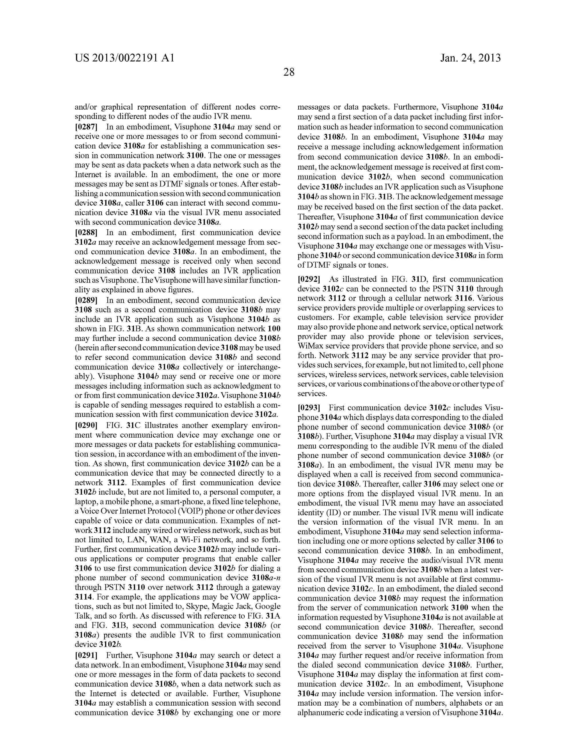 US 2013/0022191 AI 
and/or graphical representation of different nodes corre­sponding 
to different nodes of the audio IVR menu. 
[0287] In an embodiment, Visuphone 3104a may send or 
receive one or more messages to or from second communi­cation 
device 3108a for establishing a communication ses­sion 
in communication network 3100. The one or messages 
may be sent as data packets when a data network such as the 
Internet is available. In an embodiment, the one or more 
messages may be sent as DTMF signals or tones. After estab­lishing 
a communication session with second communication 
device 3108a, caller 3106 can interact with second commu­nication 
device 3108a via the visual IVR menu associated 
with second communication device 3108a. 
[0288] In an embodiment, first communication device 
3102a may receive an acknowledgement message from sec­ond 
communication device 3108a. In an embodiment, the 
acknowledgement message is received only when second 
communication device 3108 includes an IVR application 
such as Visuphone. The Visuphone will have similar function­ality 
as explained in above figures. 
[0289] In an embodiment, second communication device 
3108 such as a second communication device 3108b may 
include an IVR application such as Visuphone 31 04b as 
shown in FIG. 31B. As shown communication network 100 
may further include a second communication device 3108b 
(herein after second communication device 3108 may be used 
to refer second communication device 3108b and second 
communication device 3108a collectively or interchange­ably). 
Visuphone 3104b may send or receive one or more 
messages including information such as acknowledgment to 
or from first communication device 3102a. Visuphone 3104b 
is capable of sending messages required to establish a com­munication 
session with first communication device 3102a. 
[0290] FIG. 31C illustrates another exemplary environ­ment 
where communication device may exchange one or 
more messages or data packets for establishing communica­tion 
session, in accordance with an embodiment of the inven­tion. 
As shown, first communication device 3102b can be a 
communication device that may be connected directly to a 
network 3112. Examples of first communication device 
3102b include, but are not limited to, a personal computer, a 
laptop, a mobile phone, a smart-phone, a fixed line telephone, 
a Voice Over Internet Protocol (VOIP) phone or other devices 
capable of voice or data communication. Examples of net­work 
3112 include any wired or wireless network, such as but 
not limited to, LAN, WAN, a Wi-Fi network, and so forth. 
Further, first communication device 3102b may include vari­ous 
applications or computer programs that enable caller 
3106 to use first communication device 3102b for dialing a 
phone number of second communication device 3108a-n 
through PSTN 3110 over network 3112 through a gateway 
3114. For example, the applications may be VOW applica­tions, 
such as but not limited to, Skype, Magic Jack, Google 
Talk, and so forth. As discussed with reference to FIG. 31A 
and FIG. 31B, second communication device 3108b (or 
3108a) presents the audible IVR to first communication 
device 3102b. 
[0291] Further, Visuphone 3104a may search or detect a 
data network. In an embodiment, Visuphone 31 04a may send 
one or more messages in the form of data packets to second 
communication device 3108b, when a data network such as 
the Internet is detected or available. Further, Visuphone 
3104a may establish a communication session with second 
communication device 31 08b by exchanging one or more 
28 
Jan. 24, 2013 
messages or data packets. Furthermore, Visuphone 3104a 
may send a first section of a data packet including first infor­mation 
such as header information to second communication 
device 3108b. In an embodiment, Visuphone 3104a may 
receive a message including acknowledgement information 
from second communication device 3108b. In an embodi­ment, 
the acknowledgement message is received at first com­munication 
device 3102b, when second communication 
device 31 08b includes an IVR application such as Visuphone 
31 04b as shown in FIG. 31B. The acknowledgement message 
may be received based on the first section of the data packet. 
Thereafter, Visuphone 3104a of first communication device 
3102b may send a second section of the data packet including 
second information such as a payload. In an embodiment, the 
Visuphone 3104a may exchange one or messages with Visu­phone 
31 04b or second communication device 31 08a in form 
ofDTMF signals or tones. 
[0292] As illustrated in FIG. 31D, first communication 
device 3102c can be connected to the PSTN 3110 through 
network 3112 or through a cellular network 3116. Various 
service providers provide multiple or overlapping services to 
customers. For example, cable television service provider 
may also provide phone and network service, optical network 
provider may also provide phone or television services, 
WiMax service providers that provide phone service, and so 
forth. Network 3112 may be any service provider that pro­vides 
such services, for example, but not limited to, cell phone 
services, wireless services, network services, cable television 
services, or various combinations of the above or other type of 
serv1ces. 
[0293] First communication device 3102c includes Visu­phone 
31 04a which displays data corresponding to the dialed 
phone number of second communication device 3108b (or 
3108b). Further, Visuphone 3104a may display a visual IVR 
menu corresponding to the audible IVR menu of the dialed 
phone number of second communication device 3108b (or 
3108a). In an embodiment, the visual IVR menu may be 
displayed when a call is received from second communica­tion 
device 3108b. Thereafter, caller 3106 may select one or 
more options from the displayed visual IVR menu. In an 
embodiment, the visual IVR menu may have an associated 
identity (ID) or number. The visual IVR menu will indicate 
the version information of the visual IVR menu. In an 
embodiment, Visuphone 3104a may send selection informa­tion 
including one or more options selected by caller 3106 to 
second communication device 3108b. In an embodiment, 
Visuphone 3104a may receive the audio/visual IVR menu 
from second communication device 3108b when a latest ver­sion 
of the visual IVR menu is not available at first commu­nication 
device 3102c. In an embodiment, the dialed second 
communication device 3108b may request the information 
from the server of communication network 3100 when the 
information requested by Visuphone 31 04a is not available at 
second communication device 3108b. Thereafter, second 
communication device 3108b may send the information 
received from the server to Visuphone 3104a. Visuphone 
3104a may further request and/or receive information from 
the dialed second communication device 3108b. Further, 
Visuphone 3104a may display the information at first com­munication 
device 3102c. In an embodiment, Visuphone 
3104a may include version information. The version infor­mation 
may be a combination of numbers, alphabets or an 
alphanumeric code indicating a version ofVisuphone 3104a. 
 