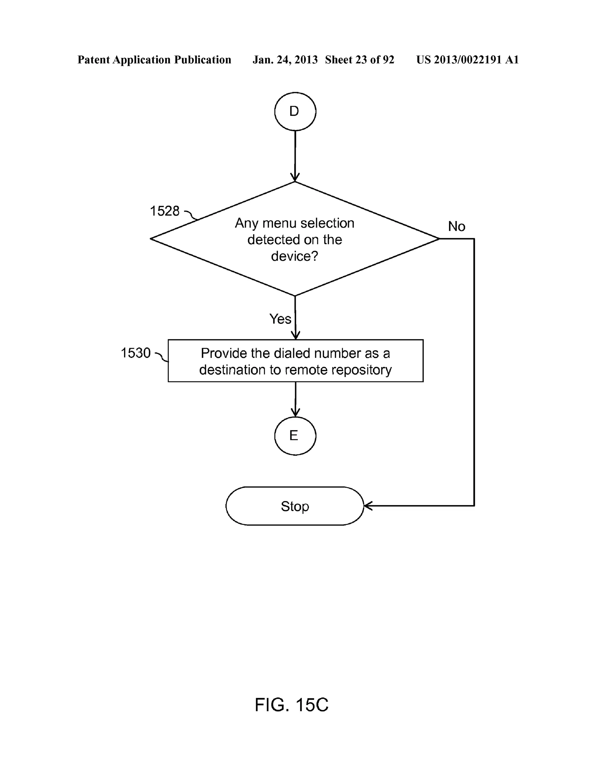 Patent Application Publication Jan. 24, 2013 Sheet 23 of 92 US 2013/0022191 A1 
Any menu selection 
detected on the 
device? 
1530 Provide the dialed number as a 
destination to remote repository 
Stop 
FIG. 15C 
No 
 