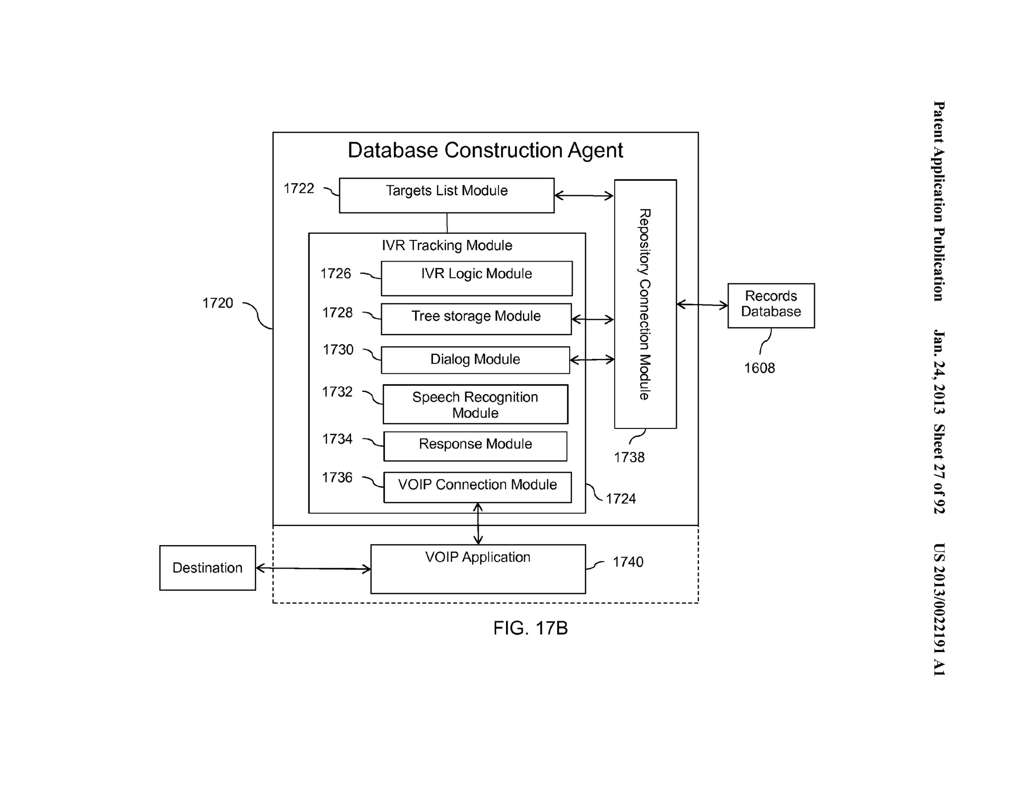 Database Construction Agent 
1722 Targets List Module L.. ... 
I , 
I ;:o (J) 
"0 
IVR Tracking Module 
0 
(/) 
;:::;: 
0 
1726 ~ IVR Logic Module I 
• '< 
() 
0 
1720 ~ ::I L_ 
1728 Tree storage Module ... ::I ' ..... , (J) (.."..).. . 
6" 
1730 ::I 
Dialog Module ..,. ... ' ~ 0 
0. 
1732 "".. c 
Speech Recognition (J) 
Module 
1734 ~ Response Module ~ 
I 1738 
1736 VOIP Connection Module I 
._ 1724 
I '' 
I 
I I 
I I 
I VOIP Application I 
I _r 1740 I 
Destination /I .... I 
.... I 
' I I 
I I 
I I 
I I 
~-------------------------------------------------------------------J 
FIG. 178 
' 
Records 
..... Database 
! 
1608 
'"= ~.... . 
('D .=.... 
~ '-.e... (') 
~....... .. 0 = ='"= 0-...". (') 
~....... .. 0 = 
;­:= 
N 
~ ... 
N 
0.. .. 
(.H 
rFJ =­(' 
D 
(..'D... 
N 
-....l 
0... .. 
0 
N 
c 
rFJ 
N 
0.. .. 
.(...H_ 
0 
0 
N 
.N.. . 
..0.. 
>.... 
 