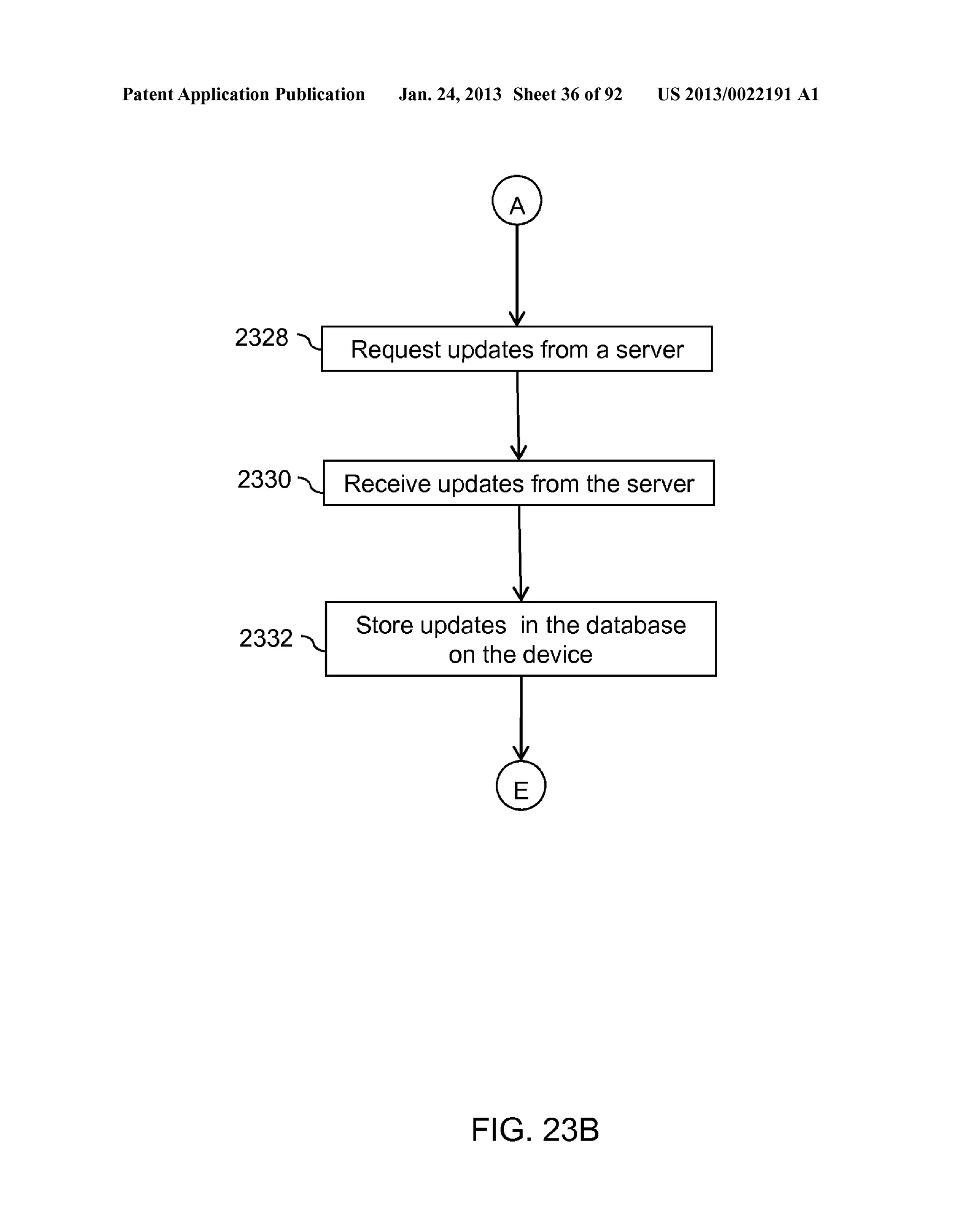 Patent Application Publication Jan. 24, 2013 Sheet 36 of 92 US 2013/0022191 A1 
2328 
2330 
2332 
Request updates from a server 
Receive updates from the server 
Store updates in the database 
on the device 
FIG. 238 
 