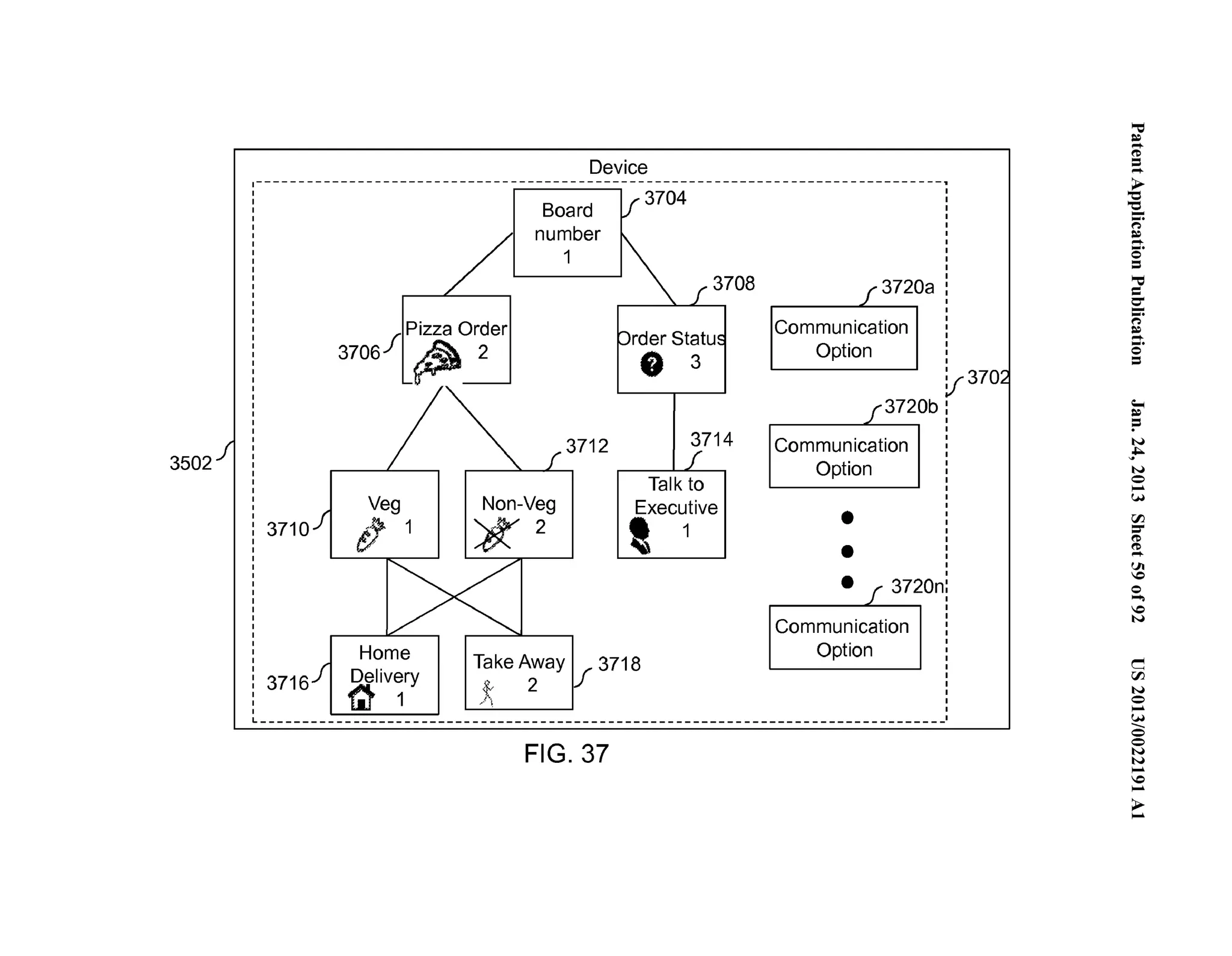 3502 
Device 
!----------------------------------B--o-a-r-d- --- -37o4---- --------------_____ _ 
number ------: 
1 : 
3710 
3716 
Veg 
(11 
Home 
Delivery 
~1 
3712 
Non-Veg 
':l}(2 
3708 
rder Statu 0 3 
3714 
Talk to 
Executive 
' 1 
Take Away If 3718 
~ 2 
,../' 
FIG. 37 
I 
I 
I 
I 
I 
I 
f3720a : 
I 
Communication 
I 
I 
I 
I 
Option 1 : 
I 
lf370 
f3720b: 
Communication 
Option 
• 
• 
I I 
I 
I 
I 
I 
I 
I 
I 
I 
I • f 3720n: 
Communication 
Option 
---------------- 
'"= ~.... . 
('D .=.... 
~ '-.e... (') 
~....... .. 0 = ='"= 0-...". (') 
~....... .. 0 = 
;­:= 
N 
~ ... 
N 
0.. .. 
(.H 
rFJ =­(' 
D 
(..'D... 
Ul 
0 
0... .. 
0 
N 
c 
rFJ 
N 
0.. .. 
.(...H_ 
0 
0 
N 
.N.. . 
..0.. 
>.... 
 