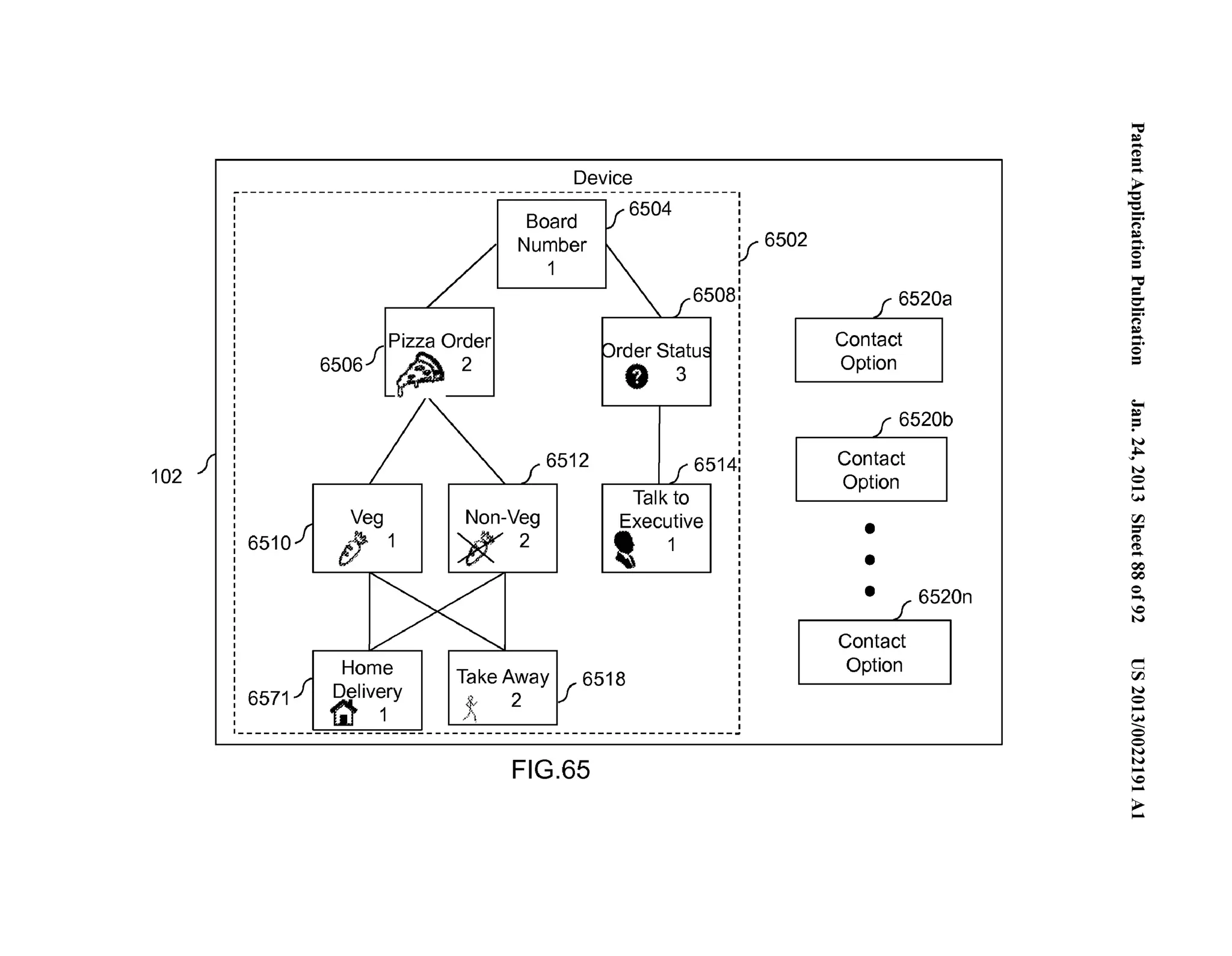 102 
Device 
----------------------------------------------------------- 
Veg 
6510 f}'1 
Board 
Number 
1 
6512 
Non-Veg ';#(2 
I 
v-6502 
I 
I 
6508: 
rder Statu e 3 
I 
6514: 
Talk to 
Executive 
' 1 I 
I 
I 
I 
I 
I 
I 
Home : 
6571-' T~ke 1 ~Delivery 1 Away 6518 i 
' --------------------------~-~ If: --------------------------____ 2 f j 
: FIG.65 
1 6520a 
Contact 
Option 
J 6520b 
Contact 
Option 
• 
• 
• f 6520n 
Contact 
Option 
~.'"..=. . 
('D .=.... 
~ '-.e... (') 
~....... .. 0 = ='"= 0-...". (') 
~....... .. 0 = 
;­:= 
N 
~ ... 
N 
0.. .. 
(.H 
rFJ =­(' 
D 
(..'D... 
QO 
QO 
0... .. 
0 
N 
c 
rFJ 
N 
0.. .. 
.(...H_ 
0 
0 
N 
.N.. . 
..0.. 
>.... 
 