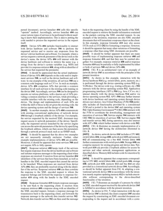 US 2014/0379.784 A1
parsed document), service launcher 404 calls this specific
“operate' method. Accordingly, service launcher 404 can
cause various typesofservicesto beperformed without need
ing to know their implementation. This is akin to putting the
code needed to process the requested service in the request
itself.
0043. Device APIs 406 includes functionality to interact
with device hardware and software 306 to perform the
requested service and to receive any responses from the
device's devicehardwareandsoftware. Forexample, wherea
servicerequestsanetworkparameterofthedevicesuchasthe
device's name, the device APIs 406 will interact with the
device hardware and Software to retrieve the name (e.g. a
string) from the device's system variables (e.g. MIB) and
provideit to responseretriever408,alongwithan identifierof
the servicethat requested the parameter.
0044. It should be appreciated that the actual implemen
tation ofdeviceAPIs 406 dependson thecode used to imple
ment services 308, as well as the device hardware and soft
ware. In one exampleofthe invention, all services 308 use a
common code language Such as C/C++. In Such an example,
device APIs 406 comprises APIs that provide a common
interface forall Such services to the existing coderunning on
thedevice 104". Accordingly, services 308can bedesignedto
execute on various platforms, with a known set ofAPIs pro
vidinga common interface to the services, whileproviding a
variable interface with the existing code, depending on the
device. The design and implementation of such APIs are
within the skill ofthosein theartgiven theexistingcode, the
device operating system and the design ofservices 308.
0045. In another example, deviceAPIs 406 communicate
with existing conventional applications of network device
104 through a loopbackaddress ofthe device. For example,
the service requested by the received XML document may
request access to network parameters ofthe device. Specifi
cally, the requested service launched by the service engine
canaccessthenetworkparametersofthedevicebyspecifying
the loopback address, which can then access the parameters
through a networkprotocol stack such as an SNMP stack.
0046. It should be apparent that the above two examples
are not necessarily mutually exclusive. Further, other
example implementations ofdevice APIs 406 are possible.
Moreover, it should be apparent that some services 308 need
not require APIs to fully operate.
0047 Response retriever 408 keeps track of the services
that require responsesfromthedevicehardwareandsoftware
andinitiates response messagestotherequestingclientwhen
responses are received. It receives from servicelauncher404
identifiers ofthe services thathave been launched, as well as
handles to the XML encoded request thatcaused the service
to be launched. When responses are received from device
APIs 406, they arepreferably received alongwith theidenti
fierofthe service. Response retriever 408 can then correlate
the response to the XML encoded request to whom the
response belongs and forward the response to response for
matter 410 along with the handle to the XML encoded
request.
0048 Response formatter410formats response messages
to be sent back to the requesting client. It receives from
response retriever 408 a response along with an identifier of
the XML encoded request, formats a response message for
transmission back to the requesting client, and forwards the
response message to the network data transfer service 302.
Network data transferservice302 can then send the message
Dec. 25, 2014
backto the requesting clientby using thehandleofthe XML
encoded request to retrieve the headerinformation contained
in the packets carrying the XML encoded request. In one
example ofthe invention, responses are also XML encoded
documentsthatwillinstantiatearesponseobjectontheclient.
In this example, response formatter 410 may also access
DTDs such as DTD 202 forformatting a response. However,
it shouldbeapparentthatmany othervariations offormatting
a response otherthan using XML documents are possible.
0049. It should be further apparent that there are many
possible ways of implementing response retriever 408 and
response formatter 410, and that they may be omitted alto
gether. For example, response retriever 408 and/or response
formatter410 maybepartiallyorfullyimplementedbyeither
or both ofServices 308 and device APIs 406.
0050 FIG. 5 is an architectural view of an example of
network device 104 in accordance with the principles ofthe
present invention.
0051. As shown in this example, interaction with the
devicehardware514 (e.g. switch fabric, ports, memory, etc.)
is performed through the device operating system 512 (e.g.
VxWorks). The device code (e.g. routing software, etc.) 502
interacts with the device operating system 512. Application
programming interfaces (API's) 504 (e.g. Java, C/C++, etc.)
interact directly with the device hardware 514 and/or via
device operating system 512. API's 504 may furtherinteract
with device hardware and operating system through device
drivers (notshown). JavaVirtual Machine (JVM)508prefer
ably includes all functionality provided by a conventional
JVM and is ported to the device 104 and operating system
512.OpletRuntimeEnvironmentTM(ORE)506interactswith
the JVM to coordinate the downloading, management and
execution ofservices 308. Service engine 304 interacts with
ORE 506 for execution ofservices 308. Service engine 304
and transfer service 302, during operation, may also interact
withAPI's 504, which furtherinteractwith devicecode502.
0.052 FIG. 6 illustrates an example implementation ofa
network device 104" having the architecture illustrated in
FIG.S.
0053 As shown, networkdevice104' includesaCPU 602,
switchfabric 604,storage608,networkport 610 andmemory
612 all communicating via a bus 614. Switch fabric 604
furthercommunicateswithswitchports 606. Storage 608can
comprise memory for storing program and device data. Net
workport 610 can provide a loopback address foraccess by
services and other network management applications as
describedabove. Memory 612includescodeforexecutionby
CPU 6O2.
0054. It should be apparent that components correspond
ing to CPU 602, switch fabric 604, switchports 606, storage
608, network port 610, memory 612 and bus 614 are also
provided ina conventional networkdevice 104.Accordingly,
as should be further apparent from FIG. 6, adapting a con
ventional network device 104 in accordance with the inven
tion merely requiresupdatingmemory 612 to includeexecut
able software corresponding to the above-described
functionality ofthe invention.
0055 FIG. 7 illustrates anexample ofa process by which
anXMLencoded request receivedbythe networkdevice104
is fulfilled in accordance with the present invention.
0056. As shown in FIG. 7, when interaction with the net
workdevice 104'is desired, theclientcomputer100"encodes
the request by constructing an XML encoded document cor
responding to the request and in accordance with a corre
 