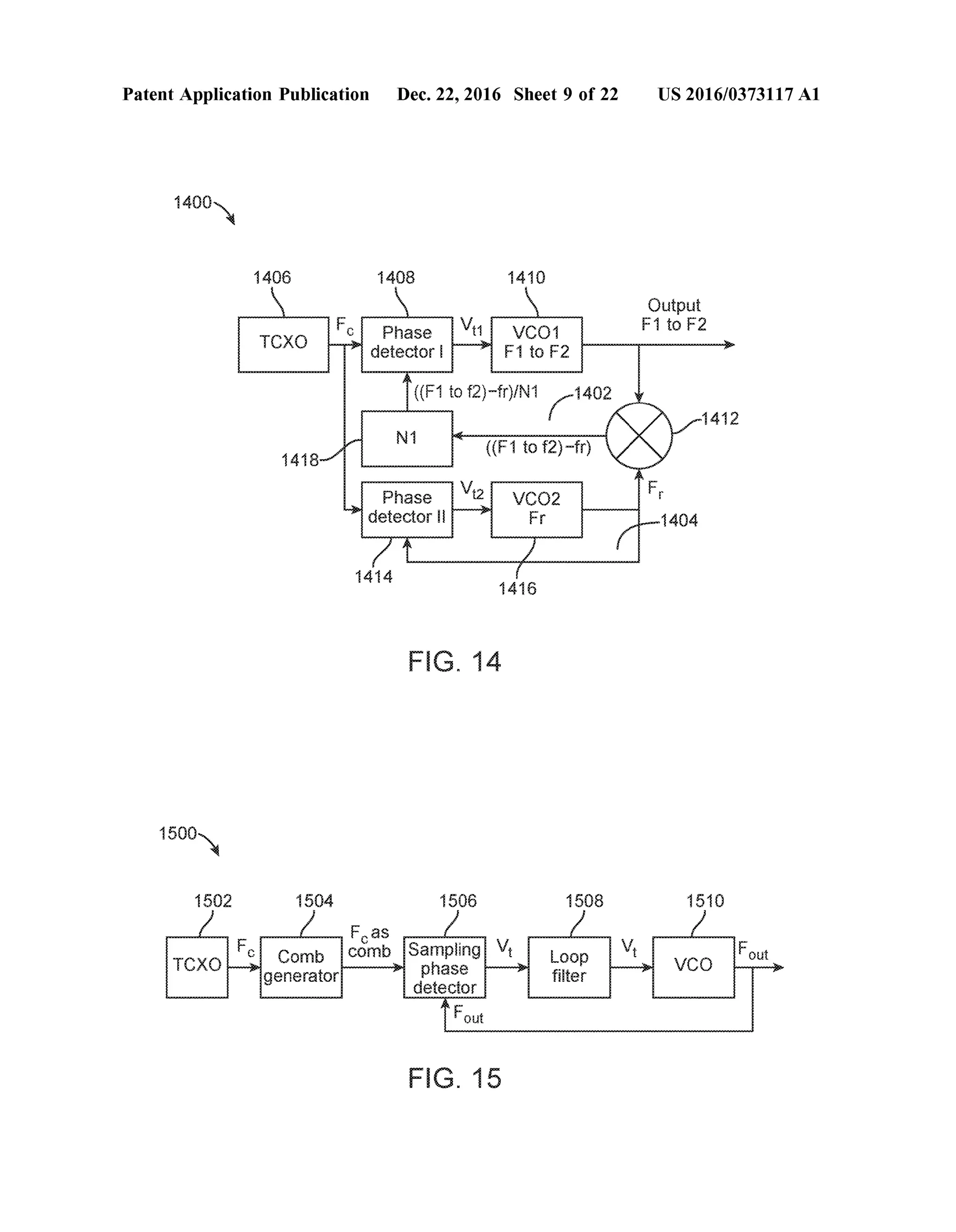 Patent Application Publication Dec. 22, 2016 Sheet 9 of 22 US 2016/03731.17 A1
Phase
detector
50
N
1502 1504 56 1508 5 O.
Feas
comb Sampling V
> phase X
detector
Fout
F.G. 15
 