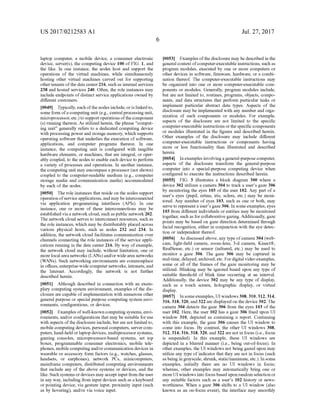 US 2017/0212583 A1
laptop computer, a mobile device, a consumer electronic
device, server(s), the computing device 100 ofFIG. 1, and
the like. In one instance, the nodes host and Support the
operations of the virtual machines, while simultaneously
hosting other virtual machines carved out for Supporting
othertenants ofthe data center216, such as internal services
238 and hosted services 240. Often, the role instances may
include endpoints ofdistinct service applications owned by
different customers.
0049. Typically, each ofthe nodes include, oris linked to,
Some form ofa computing unit (e.g., centralprocessing unit,
microprocessor, etc.)to Support operations ofthe component
(s) running thereon. As utilized herein, the phrase “comput
ing unit' generally refers to a dedicated computing device
with processing powerand storage memory, which Supports
operating software that underlies the execution ofsoftware,
applications, and computer programs thereon. In one
instance, the computing unit is configured with tangible
hardware elements, or machines, that are integral, or oper
ably coupled, to the nodes to enable each device to perform
a variety of processes and operations. In another instance,
the computing unit may encompass a processor (not shown)
coupled to the computer-readable medium (e.g., computer
storage media and communication media) accommodated
by each ofthe nodes.
0050. The role instances that reside on the nodes support
operation ofserviceapplications,and may be interconnected
via application programming interfaces (APIs). In one
instance, one or more of these interconnections may be
establishedviaa networkcloud, such aspublic network 202.
The network cloud serves to interconnect resources, such as
the role instances, which may be distributably placed across
various physical hosts, such as nodes 232 and 234. In
addition, the network cloud facilitates communication over
channels connecting the role instances ofthe service appli
cations running in the data center 216. By way ofexample,
the network cloud may include, without limitation, one or
more local area networks (LANs)and/or widearea networks
(WANs). Such networking environments are commonplace
in offices, enterprise-wide computer networks, intranets, and
the Internet. Accordingly, the network is not further
described herein.
0051 Although described in connection with an exem
plary computing system environment, examples ofthe dis
closure are capable ofimplementation with numerous other
general purpose or special purpose computing system envi
ronments, configurations, or devices.
0052 Examples ofwell-known computing systems, envi
ronments, and/or configurations that may be suitable foruse
with aspects ofthe disclosure include, butare not limited to,
mobile computing devices, personal computers, servercom
puters, hand-held orlaptop devices, multiprocessor Systems,
gaming consoles, microprocessor-based systems, set top
boxes, programmable consumer electronics, mobile tele
phones, mobile computingand/orcommunication devices in
wearable or accessory form factors (e.g., watches, glasses,
headsets, or earphones), network PCs, minicomputers,
mainframe computers, distributed computing environments
that include any of the above systems or devices, and the
like. Such systems ordevices may acceptinput from theuser
in any way, including from input devices such as a keyboard
or pointing device, via gesture input, proximity input (Such
as by hovering), and/or via Voice input.
Jul. 27, 2017
0053 Examples ofthe disclosure may be described in the
general context ofcomputer-executable instructions, such as
program modules, executed by one or more computers or
other devices in software, firmware, hardware, or a combi
nation thereof. The computer-executable instructions may
be organized into one or more computer-executable com
ponents or modules. Generally, program modules include,
but are not limited to, routines, programs, objects, compo
nents, and data structures that perform particular tasks or
implement particular abstract data types. Aspects of the
disclosure may be implemented with any number and orga
nization of Such components or modules. For example,
aspects of the disclosure are not limited to the specific
computer-executable instructions orthe specific components
or modules illustrated in the figures and described herein.
Other examples of the disclosure may include different
computer-executable instructions or components having
more or less functionality than illustrated and described
herein.
0054. Inexamples involvingageneral-purpose computer,
aspects of the disclosure transform the general-purpose
computer into a special-purpose computing device when
configured to execute the instructions described herein.
0055 FIG. 3 illustrates a block diagram 300 where a
device 302 utilizes a camera 304 to track a user's gaze 306
by monitoring the eyes 103 of the user 102. Any part of a
user's eyes (pupil, retina, iris, Sclera, etc.) may be moni
tored. Any number ofeyes 103, such as one or both, may
serve to represent a user's gaze306. In some examples, eyes
103 from different individuals or entities may be monitored
together, Such as forcollaborativegazing. Additionally, gaZe
points may be based on gaze direction determined through
facial recognition, either in conjunction with the eye detec
tion or independent thereof.
0056. As discussed above, any type ofcamera 304 (web
cam, light-field camera, Zoom-lens, 3-d camera, Kinect(R),
RealSense, etc.) or sensor (infrared, etc.) may be used to
monitor a gaze 306. The gaze 306 may be captured in
real-time, delayed, archived, etc. Fordigital video examples,
Some or all of the frames of the gaze monitoring may be
utilized. Blinking may be ignored based upon any type of
suitable threshold of blink time occurring at an interval.
Additionally, the device 302 may be any type of display,
Such as a touch screen, holographic display, or virtual
display.
0057. In someexamples, UI windows 308,310,312,314,
316,318,320, and322 are displayed on the device302. The
camera 304 detects the gaze 306 from the eyes 103 ofthe
user 102. Here, the user 102 has a gaze 306 fixed upon UI
window 310, depicted as containing a report. Continuing
with this example, the gaze 306 causes the UI window to
come into focus. By contrast, the other UI windows 308,
312,314,316,318,320, and 322 arenot in focus (i.e., focus
is suspended). In this example, these UI windows are
depicted in a blurred manner (i.e., being out-of-focus). In
other examples, the UI windows not being gazed upon may
utilize any type ofindicator that they are not in focus (such
asbeing in grayscale, shrunk, static/inanimate,etc.). In some
examples, initially there are no UI windows in focus;
whereas, other examples may automatically bring one or
more UI windows into focusbased upon random selection or
any suitable factors such as a user's 102 history or news
worthiness. When a gaze 306 shifts to a UI window (also
known as an on-focus event), the interface may smoothly
 
