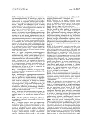 US 2017/0226326 A1
0028. Further, when resin particles and oil-treated inor
ganic particles are used and the specific silica particles are
further used, the oil-treated inorganic particles (including oil
liberated from the oil-treated inorganic particles) easily
adhere to the resin particles together with the specific silica
particles. Therefore, the dispersibility of the oil-treated
inorganic particles to the resin particles easily increases, and
thus the oil-treated inorganic particles easily adhere to the
resin particles in an almost uniform state.
0029. Meanwhile, since the specific silica particles
adhered to the surface ofthe resin particles once have high
adhesiveness to the resin particles, it is difficult to cause the
movement on the resin particles and the liberation from the
resin particles at a load attributable to the airflow occurring
when transporting the resin particle composition using air.
0030. Further, the oil-treated inorganic particles (includ
ing oil liberated from the oil-treated inorganic particles)
adhered to the resin particles togetherwith the specific silica
particles arealso easily immobilized on theresin particlesby
the oil on the surface thereof. Therefore, in the resin particle
composition, it is difficultto change a structure in which the
specific silica particles and the oil-treated inorganic particles
adhere to the resin particles.
0031. As a result, it is considered that the resin particle
composition of the exemplary embodiment exhibits an
increased lubrication function, thereby preventing the fixa
tion ofthe resinparticlecomposition into thepipe inthecase
of transporting the resin particle composition using air.
0032. From the above, it is estimated that the specific
silica particles are used together with the resin particles and
the oil-treated inorganic particles, thereby preventing the
fixation ofthe resin particle composition of the exemplary
embodiment into the pipe in the case of transporting the
resin particle composition using air.
0033. The resin particle composition has also the follow
ing characteristics due to theaggregability and fluidity ofthe
specific silica particles.
0034. When the specific silica particles are further mixed
with the resin particles and the oil-treated inorganic par
ticles, the specific silica particles adhere to the resin par
ticles, and thus the resin particle composition is difficult to
scatter in the air. Further, since the specific silica particles
adhere to the resin particles, the aggregation of the resin
particle composition is easily relaxed and the reflow ofthe
resin particle composition becomes easy by the airflow
occurring when transporting the resin particle composition
using air even in the case ofoccurrence ofthe aggregation
of the resin particle composition.
0035. In the resin particle composition according to the
exemplary embodiment, it is preferable that the particle
dispersion degree of the specific silica particles is 90% to
100%.
0036. Here, the significance of setting the particle dis
persion degreeofthe specific silica particles to 90% to 100%
will be described.
0037. The particle dispersion degree is an index indicat
ing the dispersibility of silica particles. This index is indi
cated by the degree of easiness of dispersion of silica
particles to resin particles in the primary particle state.
Specifically, the particle dispersion degree is indicated by
the ratio of actually-measured coverage C to calculated
coverage Co (actually-measured coverage C/calculated cov
erage Co) when the calculated coverage of resin particles
Aug. 10, 2017
with silica particles is represented by Co and the actually
measured coverage thereof is represented by C.
0038. Therefore, as the particle dispersion degree
increases, silica particles are difficult to aggregate, and are
easy to be dispersed to the resin particles in the primary
particle state. The details of the method ofcalculating the
particle dispersion degree will be described later.
0039. The dispersibility ofthe specific silica particles to
the resin particles is further improved by controlling the
particle dispersion degree to 90% to 100% at a high level
while controlling the compression aggregation degree and
the particle compression ratio within the above range. Thus,
the oil-treated inorganic particles in the resin particle com
position have higher dispersibility to the surface ofthe resin
particles. As a result, the resin particle composition exhibits
high lubrication function in thepipe, thereby easily prevent
ing the fixation oftheresin particlecomposition into thepipe
in the case of transporting the resin particle composition
using air.
0040. In the resin particle composition according to the
exemplary embodiment, as described above, as the specific
silica particles, which have properties of high fluidity and
high dispersibility to resin particles, high aggregability, and
high adhesiveness to resin particles, silica particles, the
Surfaces of which are coated with a siloxane compound
having a relatively large weight average molecular weight,
are preferably exemplified. Specifically, silica particles, the
Surfaces of which are coated with a siloxane compound
havinga viscosity of1,000 cSt to 50,000 cSt (preferably, the
surface coated amount ofthe siloxane compound is 0.01%
by weight to 5% by weight), are preferably exemplified.
These specific silica particles are obtained by a surface
treatment method in which thesurfacesofsilica particles are
treated with a siloxane compound having a viscosity of
1,000 cSt to 50,000cSt Such that the surface coated amount
is 0.01% by weight to 5% by weight.
0041. Here, the surface coated amount is referred to as
the rate of Surface-treated silica particles to silica particles
before the surface treatment (untreated silica particles).
Hereinafter, the silica particles before the surface treatment
(that is, untreated silica particles) are simply referred to as
“silica particles”.
0042. The specific silica particles, the surfaces ofwhich
are treated with a siloxane compound having a viscosity of
1,000 cSt to 50,000cSt Such that the surface coated amount
is 0.01% by weightto 5% by weight, havehigh aggregability
and high adhesiveness to resin particles as well as high
fluidity and high dispersibility to resin particles, and the
compression aggregation degree and particle compression
ratio thereofeasily satisfy the above requirements. Further,
in the case of transporting the resin particle composition
using air, the fixation of the resin particle composition into
the pipe is easily prevented. The reason for this is not clear,
but it is considered to be due to the following reasons.
0043. When the siloxane compound having relatively
high viscosity within the above range adheres to the Surface
ofsilica particles in a small amount within the above range,
the function derived from the properties of the siloxane
compound on the Surface ofthe silica particles is expressed.
Althoughthe mechanism is notclear, whenthespecific silica
particles are fluidized, the releasing properties derived from
the siloxane compound are easily expressed by adhering a
Small amount of the siloxane compound having relatively
high viscosity to the surface thereofwithin the above range,
 