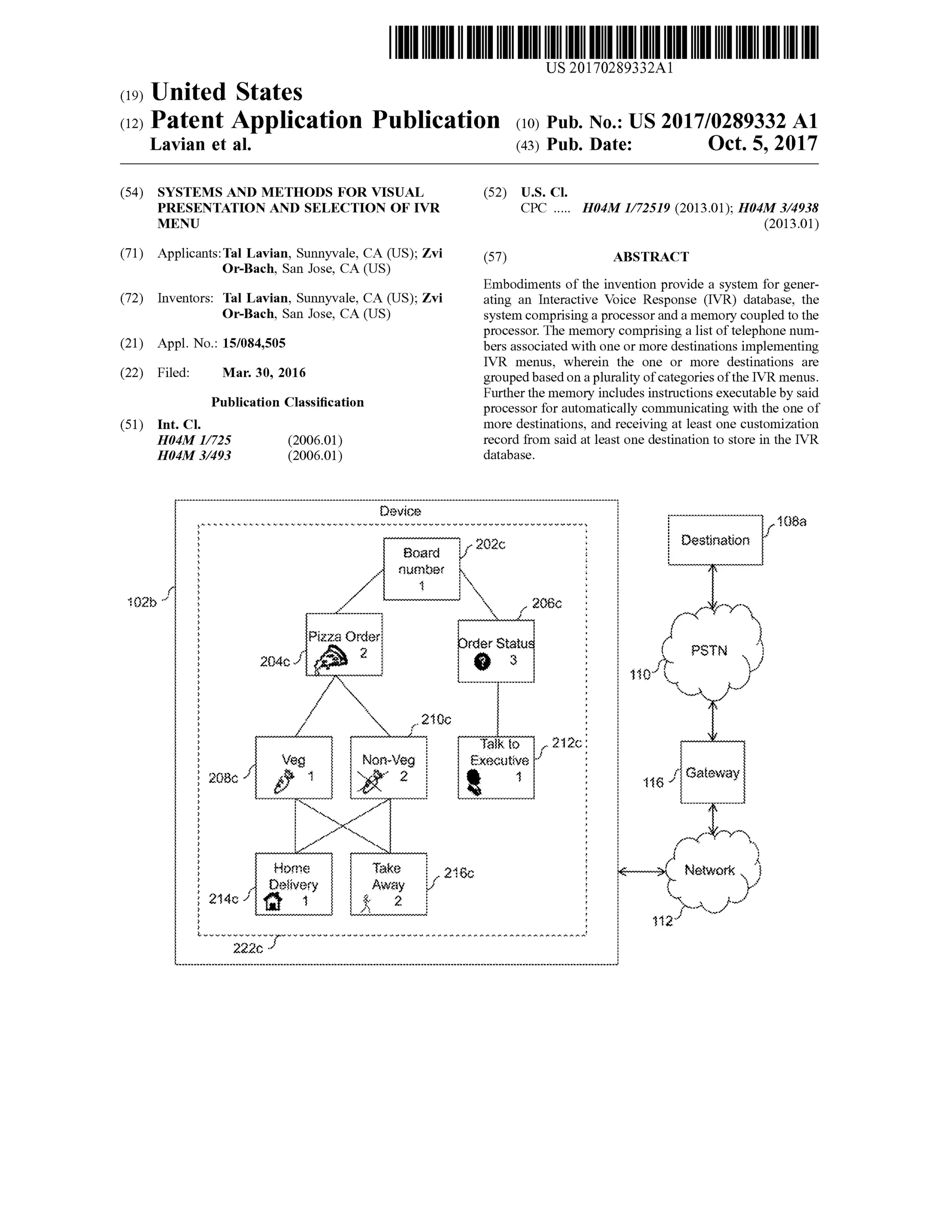 THELATARDEDIN ULOTTUUNTOUS 20170289332A1
(19)United States
(12)Patent Application Publication (10)Pub.No.:US2017/0289332 A1
Lavian et al. (43) Pub. Date: Oct. 5, 2017
)(54) SYSTEMSAND METHODS FOR VISUAL
PRESENTATION AND SELECTION OF IVR
MENU
U.S. CI.
CPC .... H04M 1/72519 (2013.01); H04M 3/4938
(2013.01)
(71) Applicants:TalLavian, Sunnyvale, CA (US);Zvi
Or-Bach, San Jose,CA (US)
(72) Inventors: TalLavian, Sunnyvale, CA (US);Zvi
Or-Bach, San Jose, CA (US)
(21) Appl.No.: 15/084,505
(57) ABSTRACT
Embodiments of the invention provide a system for gener
ating an Interactive Voice Response (IVR ) database, the
system comprising a processor and amemory coupled to the
processor. Thememory comprising a list of telephonenum
bers associated with one ormore destinations implementing
IVR menus, wherein the one or more destinations are
grouped based on a plurality of categoriesofthe IVR menus.
Furtherthememory includes instructions executableby said
processor for automatically communicating with the one of
more destinations, and receiving at least one customization
record from said at least one destination to store in the IVR
database.
(22) Filed: Mar. 30, 2016
Publication Classification
(51) Int. Cl.
H04M 1/725 (2006.01)
H04M 3/493 (2006.01)
Devica
108aLESSLYYYYYYYYYYYYYYYYYYYYYYYvvvvvvvvvvvvvvvvvvvvvvvvvvvv
Destination/ 2020Board?.???????????????????????
Oumber
????????????????????????????????
PizzaOrder
20401 21
{}{?r Statu PSTN?
?
?
?
?
?
?
??
?
2100?
?
?
?
Talk to 7
Executive
2120
HOO?
?
Vog Non-Veg?
?
?
20letoutthere 146 Gateway?
?
?
?
- - - - - - - - - - - - - - - -
??
?
?
?
??
?
?
?
?
?
} {4} ^ {?
?
Home
Delivery
21401
?
??
Away
2?
?
????????
MYYYYYYYYYYYYYYYYYYYYYYYY. . . . * * * *
2220
 