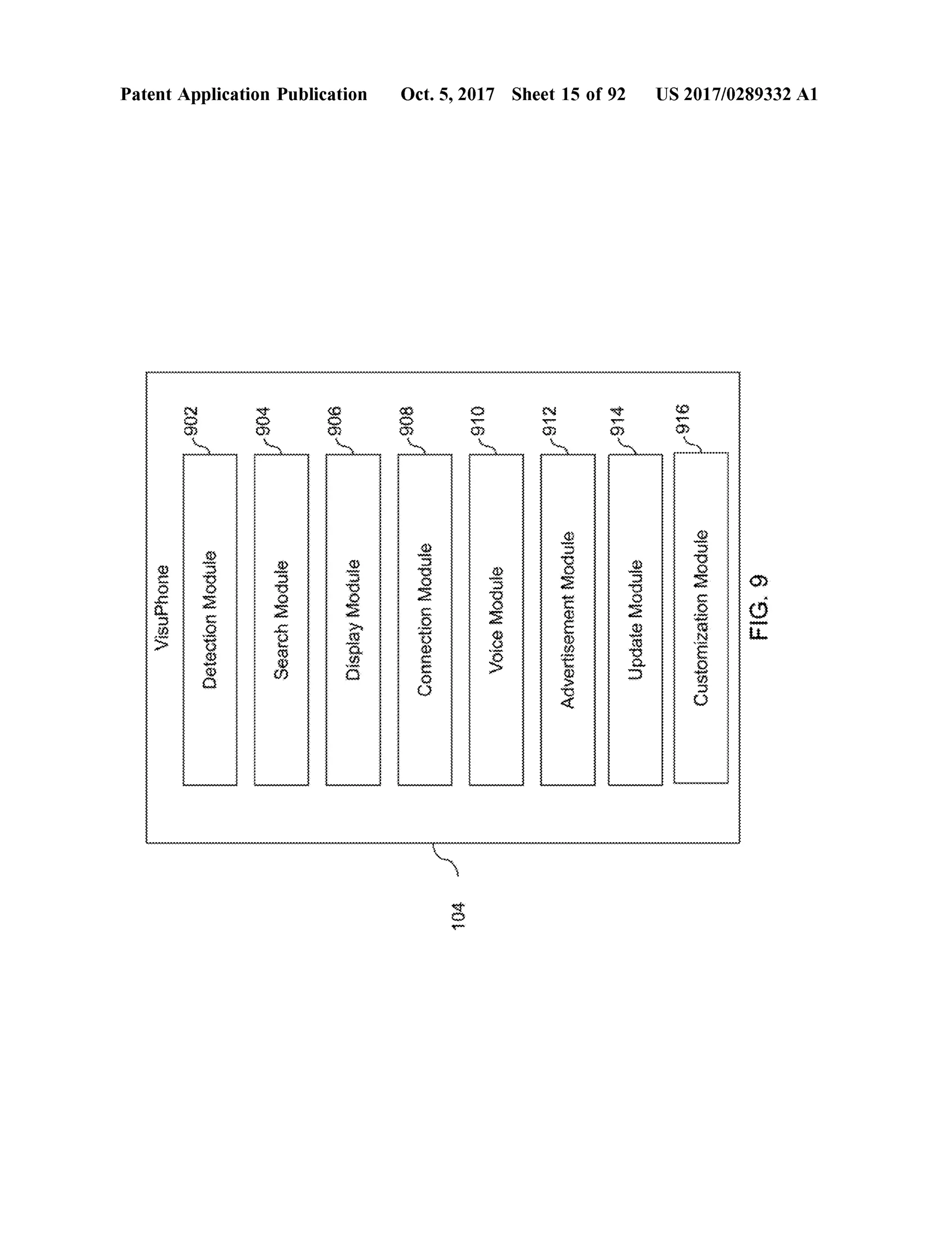Visuphone
1-902
DetectionModule
walikuwa
lilililililililililililililililililililililililililililililililililililili
PatentApplication Publication
1-904
SearchModule
vvvvvvvvvvVAVAVAVAVAVAVAVA
ervv
V
1-906
DisplayModule
|-908
ConnectionModule
104
1-910
VoiceModule
Oct.5,2017 Sheet 15 of 92
wwwwwwwwwwwwwwwwwwwwwwwwwwwwwwwwwwwwwwwwwwwwwwwwwwwwwwwwwww
wwwwwwwwwwwwwwwwwwwwwwwwwwwwwwwwwww
wwwwwwwwwwwwwwwwwwwwwwwwwwwwwwwwwwwwwwwwwwwwwwwwwwwwwwwww
wwwwwwwwwwwwwwww
1-912
AdvertisementModule
wwwwwwwwwwwwwwwwwwwwwwwwwwwwwwwwwwwwwwwwwwwwwwwwwwwwwwwwwww
wwwwwwwwwwwwwwwwwwwwwwwwwwwwwwwwww
22222222222222222222222222222222222222222222222222222
1914
UpdateModule
9161
CustomizationModule
V-DDDDDDDDDDDDDDDDDDDDDDDDDDDDDDDDDDDDDDDDDDDDDDDDDDDDDDD
wwwwwwwwwwwwwwwwwwwwwwwwwwwwwwwww
US 2017/0289332 A1
FIG.9
 