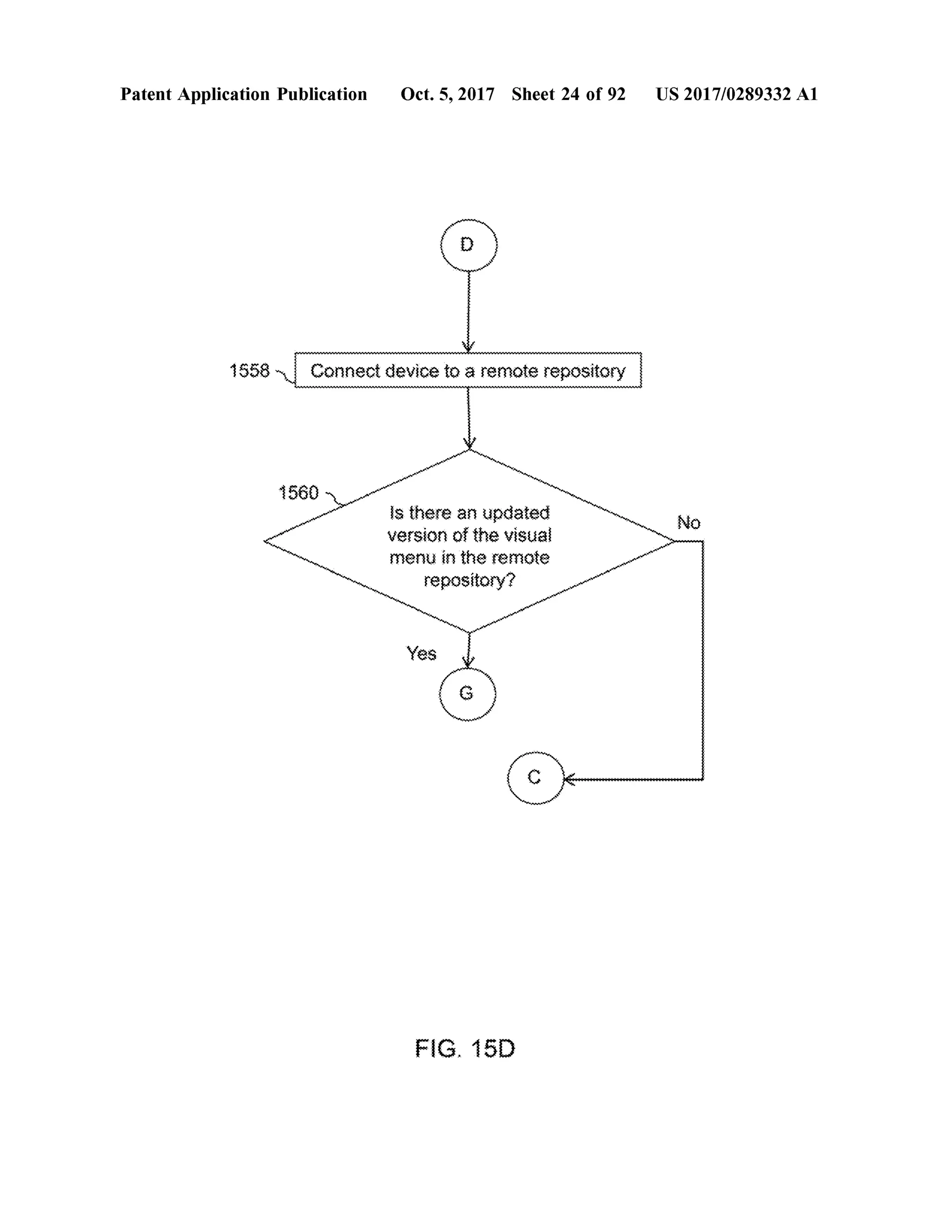 PatentApplication Publication Oct.5,2017 Sheet 24 of 92 US 2017/0289332 A1
1558 Connectdevice to a remote repository
560 -
NoIs there an updated
version of the visual
menu in the remote
repository ?
FIG . 15D
 