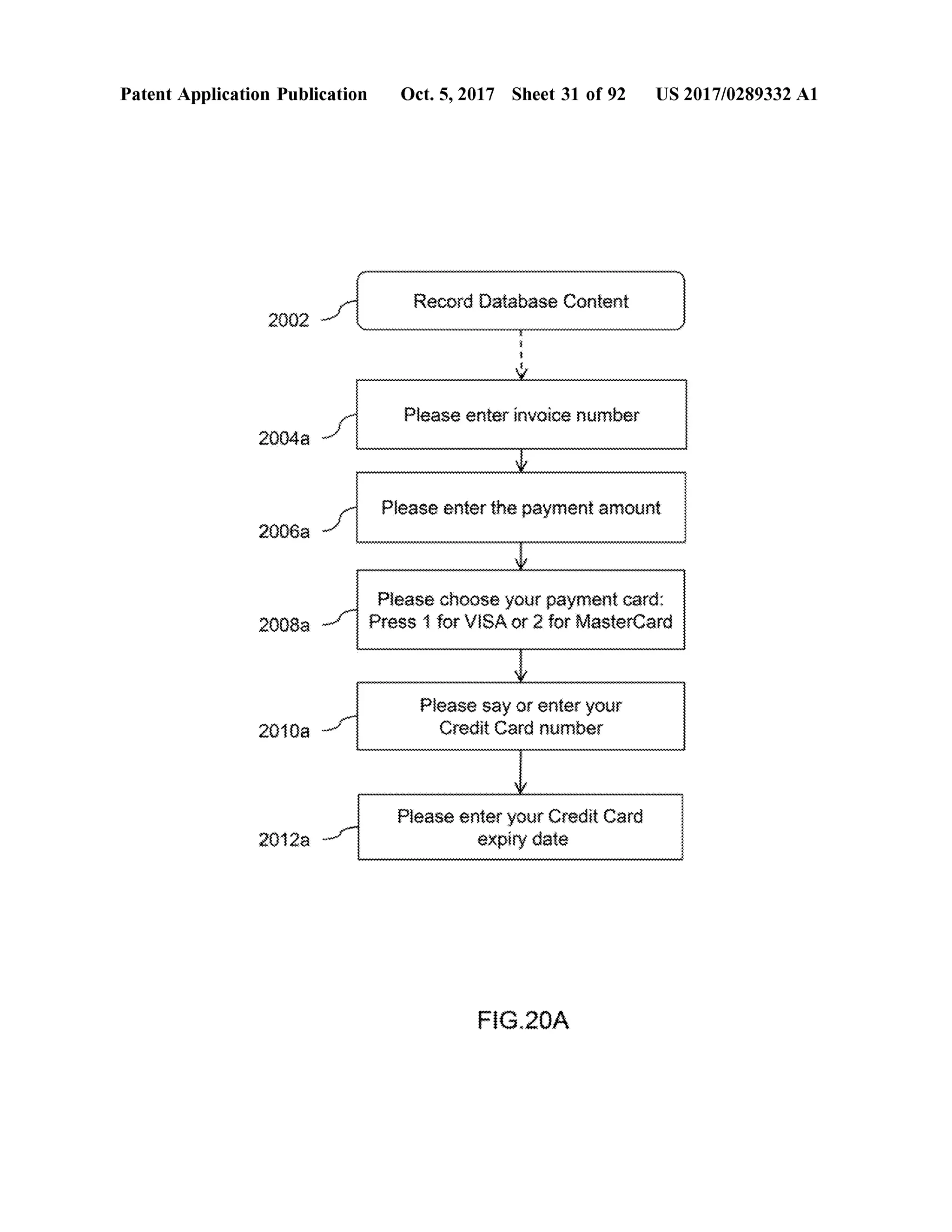 PatentApplication Publication Oct.5,2017 Sheet 31 of 92 US 2017/0289332 A1
Record Database Content
lllllllllllll lllllllllllllll
Please enter invoice number
2004 o
wwwwwwwwwwwwwwwwwwwwwwwwwwwwwwwwww w
Please enter the payment amount
2006a and ???????????????????????????????????????????????????????????????????????????????????????????
Please choose yourpayment card :
2008a mm Press 1 forVISA or2 forMasterCard
Please sayor enter your
Credit Card number2010a
Please enter yourCredit Card
expiry date2012 nowman
mmmmmmmmmmmmmmmmmmmmmmmmmmmmmmmmmmm
FIG .20A
 