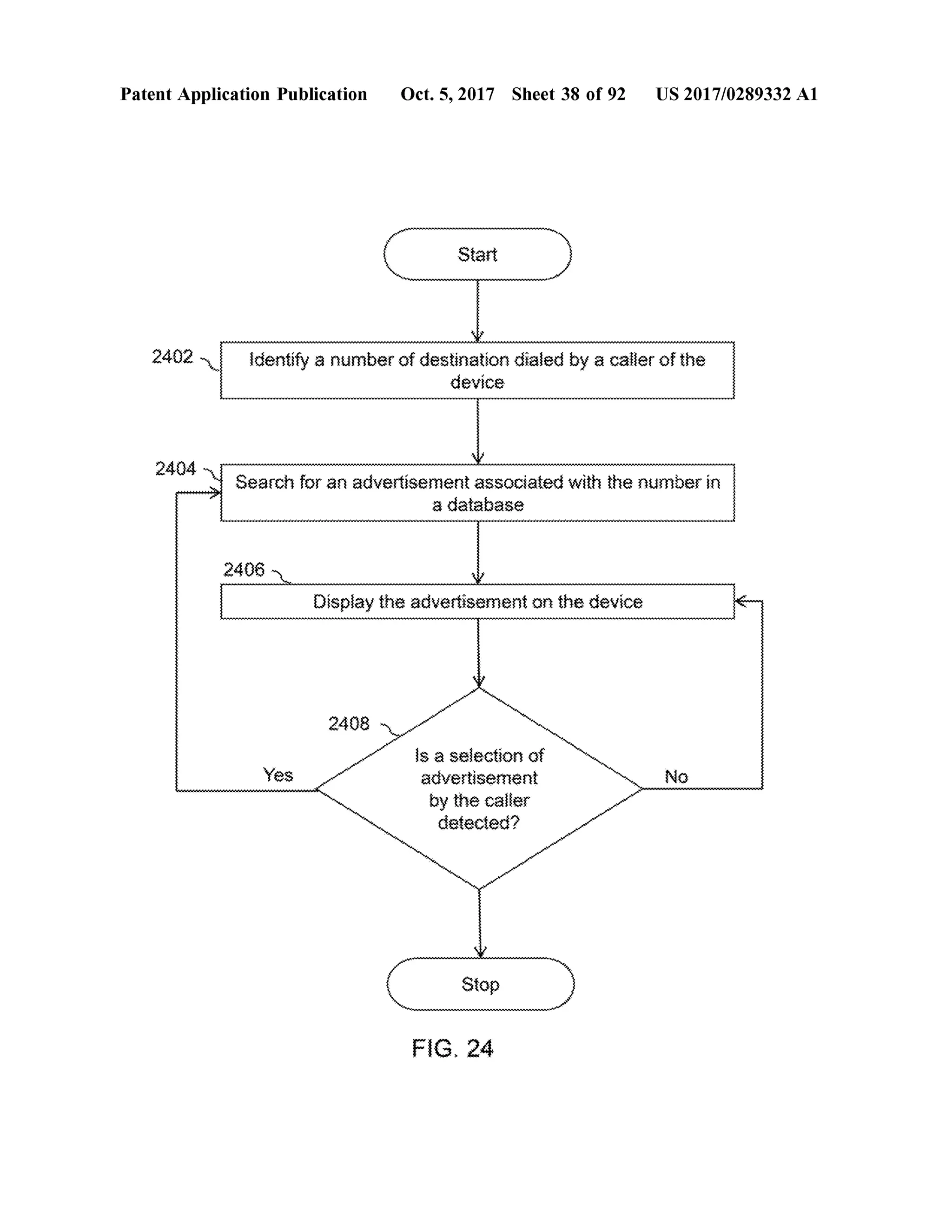 PatentApplication Publication Oct.5,2017 Sheet 38 of 92 US 2017/0289332 A1
StartStart
2402 Identify a numberof destination dialed by a callerofthe
device
2404 weweweweeeeeeeeeeeeeeeeeeeeee
Search for an advertisement associated with the number in
a database
2406 wwwwwwwwwwwwwwwwwwwwwwwwwwwwwwwwwwwwww
Display the advertisementon the device
Y
wiiiiiiiiiiiiiiiiiiiiiiiiiiiiiiiiiiiiiiiiiiiiiiiii VVV
VV
V
V
2408
VVVVVVVVVVVVVVVVVVVVY
Yes
s a selection of
advertisement
by the caller
?
( StopStop
FIG .24
 