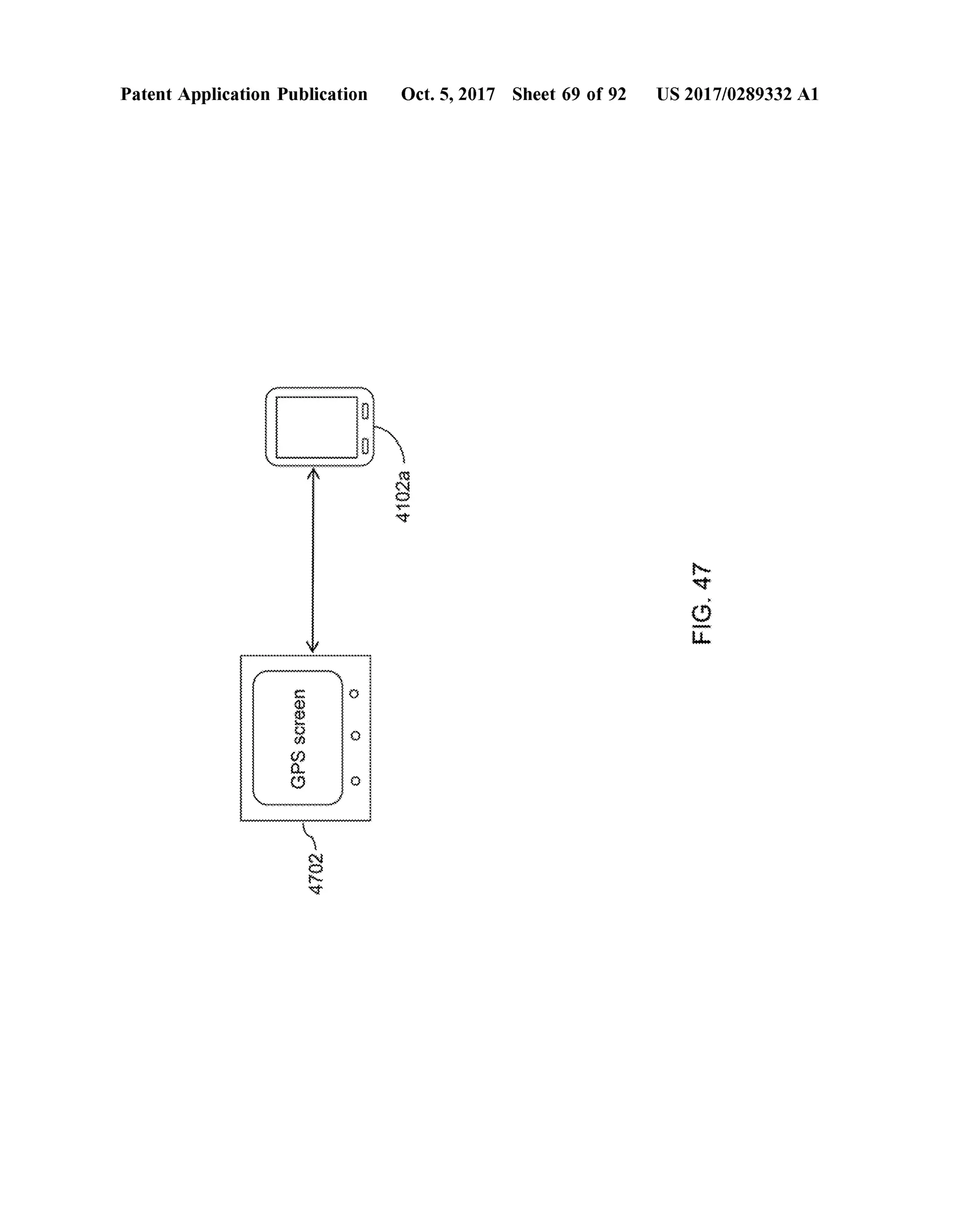 PatentApplication Publication Oct.5,2017 Sheet69 of 92 US 2017/0289332 A1
4102a
FIG.47
wwwwwwwwwww
0
0
GPSscreen 0
4702
 