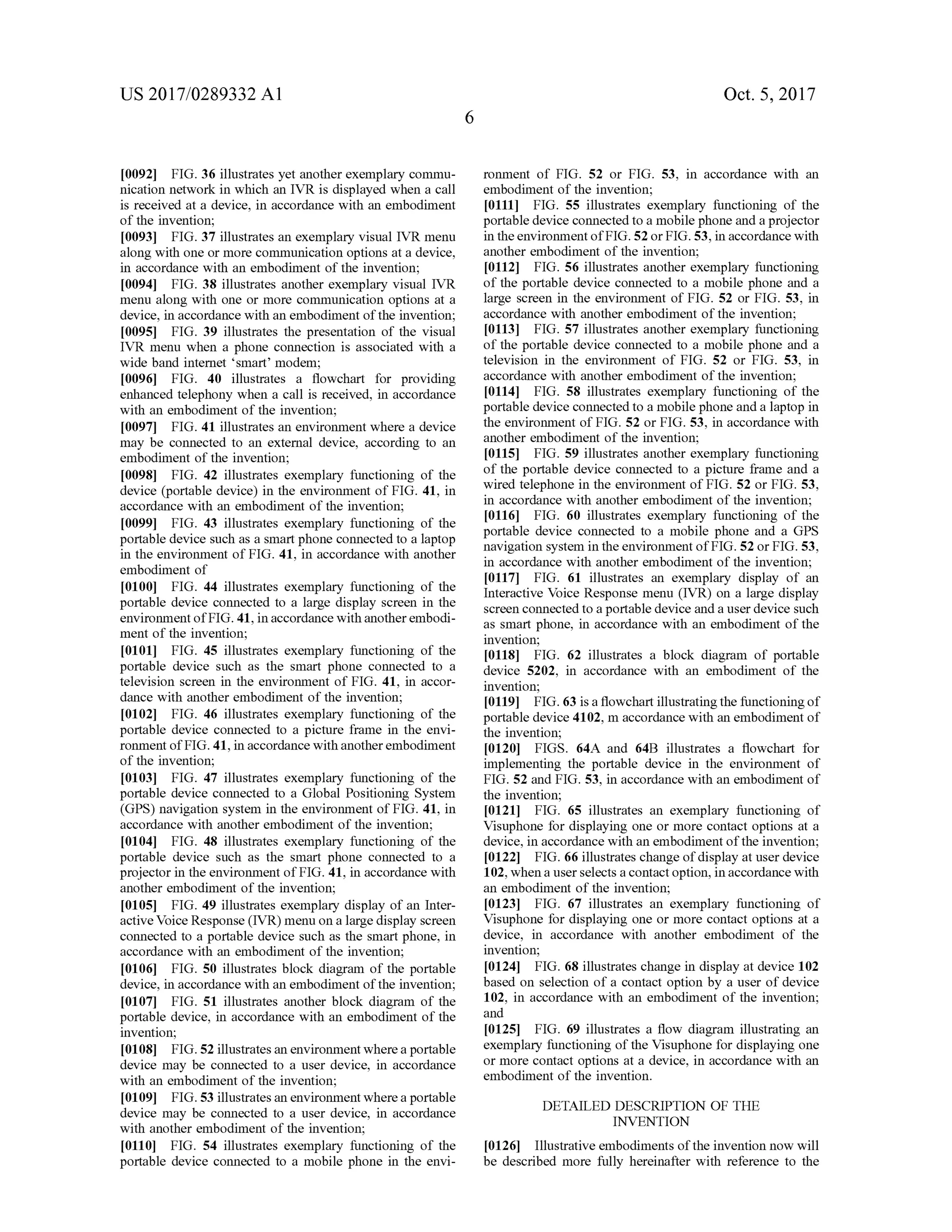 US 2017/0289332 A1 Oct.5,2017
10092] FIG . 36 illustrates yet another exemplary commu
nication network in which an IVR is displayed when a call
is received at a device, in accordance with an embodiment
of the invention;
[0093] FIG .37 illustrates an exemplary visual IVR menu
along with one ormore communication options at a device,
in accordance with an embodimentof the invention;
[0094] FIG . 38 illustrates another exemplary visual IVR
menu along with one or more communication options at a
device, in accordance with an embodiment ofthe invention;
[0095] FIG . 39 illustrates the presentation of the visual
IVR menu when a phone connection is associated with a
wide band internet ‘smart’modem ;
0096 ] FIG . 40 illustrates a flowchart for providing
enhanced telephony when a call is received, in accordance
with an embodiment of the invention;
00971. FIG . 41 illustrates an environmentwhere a device
may be connected to an external device, according to an
embodiment of the invention;
[0098] FIG . 42 illustrates exemplary functioning of the
device (portable device) in the environment of FIG . 41, in
accordance with an embodiment of the invention;
[0099] FIG . 43 illustrates exemplary functioning of the
portable device such as a smart phone connected to a laptop
in the environmentofFIG . 41, in accordance with another
embodiment of
[0100] FIG . 44 illustrates exemplary functioning of the
portable device connected to a large display screen in the
environmentofFIG .41,in accordancewith another embodi
ment of the invention ;
[0101] FIG . 45 illustrates exemplary functioning of the
portable device such as the smart phone connected to a
television screen in the environment of FIG . 41, in accor
dance with another embodiment of the invention;
[0102] FIG . 46 illustrates exemplary functioning of the
portable device connected to a picture frame in the envi
ronmentofFIG .41, in accordancewith another embodiment
of the invention;
[0103] FIG . 47 illustrates exemplary functioning of the
portable device connected to a Global Positioning System
(GPS) navigation system in the environment of FIG . 41, in
accordance with another embodiment of the invention;
[0104] FIG . 48 illustrates exemplary functioning of the
portable device such as the smart phone connected to a
projector in the environment ofFIG .41, in accordance with
another embodimentof the invention;
[0105] FIG . 49 illustrates exemplary display of an Inter
active VoiceResponse (IVR )menu on a large display screen
connected to a portable device such as the smart phone, in
accordance with an embodiment of the invention;
[0106] FIG . 50 illustrates block diagram of the portable
device, in accordance with an embodimentofthe invention;
[0107] FIG . 51 illustrates another block diagram of the
portable device, in accordance with an embodiment of the
invention;
[0108] FIG .52illustratesan environmentwherea portable
device may be connected to a user device, in accordance
with an embodiment of the invention;
[0109] FIG .53 illustratesan environmentwhere a portable
device may be connected to a user device, in accordance
with another embodiment of the invention ;
[0110] FIG . 54 illustrates exemplary functioning of the
portable device connected to a mobile phone in the envi-
ronment of FIG . 52 or FIG . 53, in accordance with an
embodimentof the invention;
10111] FIG . 55 illustrates exemplary functioning of the
portable device connected to a mobile phone and a projector
in theenvironment ofFIG .52orFIG .53,in accordancewith
another embodiment of the invention;
[0112] FIG . 56 illustrates another exemplary functioning
of the portable device connected to a mobile phone and a
large screen in the environment of FIG . 52 or FIG . 53, in
accordance with another embodiment ofthe invention ;
10113] FIG . 57 illustrates another exemplary functioning
of the portable device connected to a mobile phone and a
television in the environment of FIG . 52 or FIG . 53, in
accordance with another embodiment of the invention ;
[0114 ] FIG . 58 illustrates exemplary functioning of the
portable device connected to amobilephone and a laptop in
the environment of FIG . 52 or FIG . 53, in accordance with
another embodimentof the invention;
[0115 ]. FIG . 59 illustrates another exemplary functioning
of the portable device connected to a picture frame and a
wired telephone in the environmentof FIG . 52 or FIG . 53,
in accordance with another embodimentof the invention;
[0116 ] FIG . 60 illustrates exemplary functioning of the
portable device connected to a mobile phone and a GPS
navigation system in the environmentofFIG .52 or FIG .53,
in accordance with another embodimentof the invention ;
[0117]. FIG . 61 illustrates an exemplary display of an
Interactive Voice Response menu (IVR) on a large display
screen connected to a portable device and a user device such
as smart phone, in accordance with an embodiment of the
invention ;
[0118] FIG . 62 illustrates a block diagram of portable
device 5202, in accordance with an embodiment of the
invention ;
01191 FIG .63 is a flowchart illustrating the functioning of
portable device4102,m accordance with an embodimentof
the invention;
0120] FIGS. 64A and 64B illustrates a flowchart for
implementing the portable device in the environment of
FIG . 52 and FIG . 53, in accordance with an embodimentof
the invention;
[0121] FIG . 65 illustrates an exemplary functioning of
Visuphone for displaying one ormore contact options at a
device, in accordance with an embodimentofthe invention;
[0122] FIG .66 illustrates change ofdisplay at user device
102,when a user selects a contact option, in accordancewith
an embodiment of the invention;
(0123] FIG . 67 illustrates an exemplary functioning of
Visuphone for displaying one ormore contact options at a
device, in accordance with another embodiment of the
invention;
[0124] FIG .68 illustrates change in display at device 102
based on selection of a contact option by a user of device
102, in accordance with an embodiment of the invention;
and
0125 ] FIG . 69 illustrates a flow diagram illustrating an
exemplary functioning ofthe Visuphone for displaying one
ormore contact options at a device, in accordance with an
embodiment of the invention.
DETAILED DESCRIPTION OF THE
INVENTION
[0126] Illustrative embodiments of the invention now will
be described more fully hereinafter with reference to the
 
