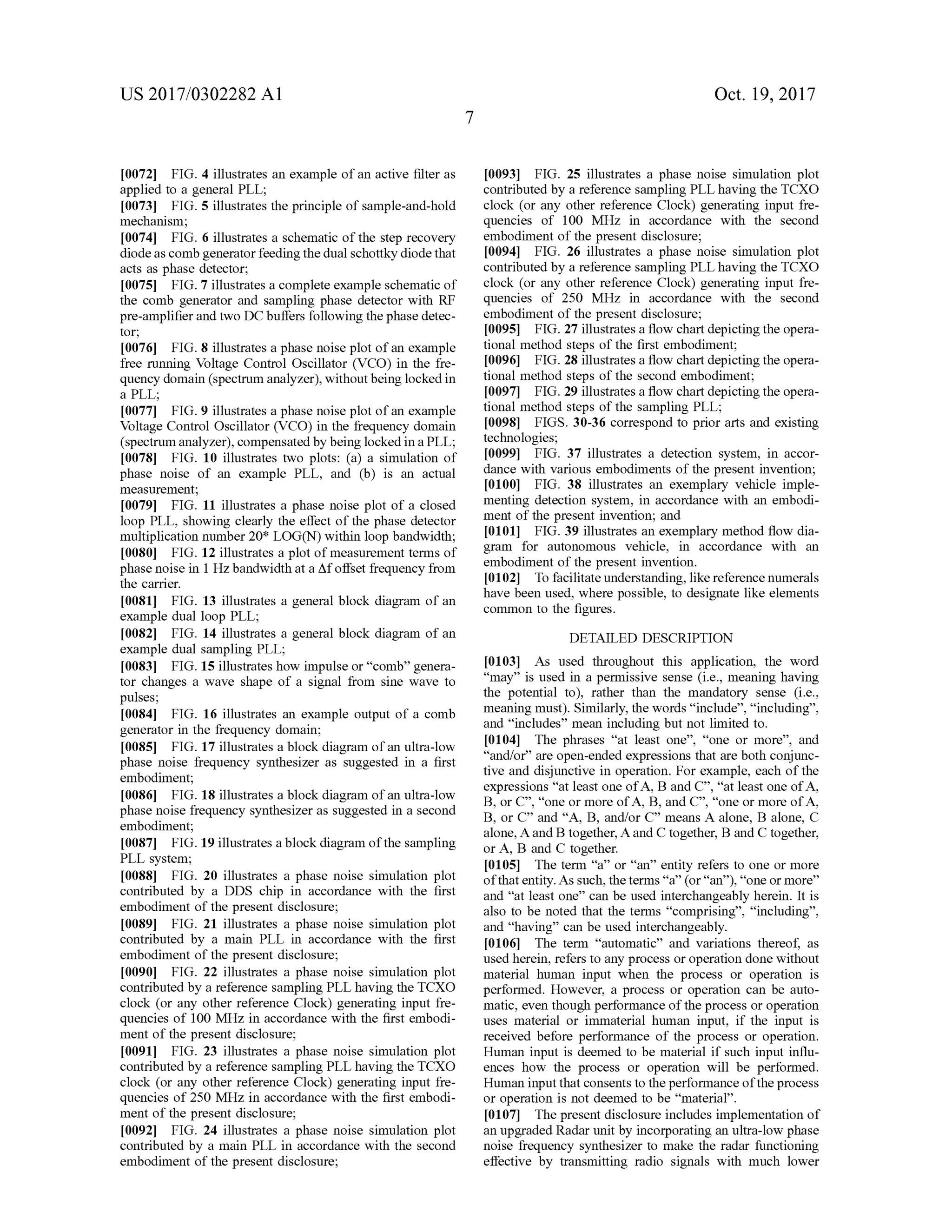 US 2017/0302282 A1 Oct. 19,2017
[0093] FIG . 25 illustrates a phase noise simulation plot
contributedby a reference sampling PLL having the TCXO
clock (or any other reference Clock ) generating input fre
quencies of 100 MHz in accordance with the second
embodiment of the present disclosure;
[0094] FIG . 26 illustrates a phase noise simulation plot
contributed by a reference sampling PLL having the TCXO
clock (or any other reference Clock ) generating input fre
quencies of 250 MHz in accordance with the second
embodimentof the presentdisclosure;
[0095] FIG . 27 illustrates a flow chartdepicting theopera
tionalmethod steps of the first embodiment;
0096) FIG . 28 illustrates a flow chart depicting the opera
tionalmethod steps of the second embodiment;
[0097] FIG .29 illustratesa flow chartdepicting the opera
tionalmethod steps of the sampling PLL;
[0098] FIGS. 30-36 correspond to prior arts and existing
technologies;
[0099] FIG . 37 illustrates a detection system , in accor
dance with various embodiments of the present invention ;
[0100] FIG . 38 illustrates an exemplary vehicle imple
menting detection system , in accordance with an embodi
ment of the present invention; and
10101] FIG . 39 illustrates an exemplary method flow dia
gram for autonomous vehicle, in accordance with an
embodiment of the present invention.
10102] To facilitate understanding, like reference numerals
have been used, where possible, to designate like elements
common to the figures.
[0072] FIG . 4 illustrates an example of an active filter as
applied to a general PLL;
[0073] FIG . 5 illustratesthe principle of sample-and-hold
mechanism ;
[0074] FIG . 6 illustrates a schematic ofthe step recovery
diodeas comb generator feeding the dualschottky diode that
acts as phase detector;
[0075] FIG . 7 illustrates a complete example schematic of
the comb generator and sampling phase detector with RF
pre-amplifier and two DC buffers following the phasedetec
tor;
[0076 ] FIG . 8 illustrates a phase noise plotof an example
free running Voltage Control Oscillator (VCO ) in the fre
quency domain (spectrum analyzer),withoutbeinglockedin
a PLL;
[0077] FIG . 9 illustratesa phasenoise plotofan example
Voltage ControlOscillator (VCO ) in the frequency domain
(spectrum analyzer),compensated bybeinglockedin a PLL;
[0078] FIG . 10 illustrates two plots: (a ) a simulation of
phase noise of an example PLL, and (b) is an actual
measurement;
10079 ) FIG . 11 illustrates a phase noise plot of a closed
loop PLL , showing clearly the effect of the phase detector
multiplication number 20* LOG (N ) within loop bandwidth;
[0080] FIG . 12 illustrates a plotofmeasurement termsof
phasenoise in 1 Hzbandwidth at a Afoffset frequency from
the carrier.
[0081] FIG . 13 illustrates a general block diagram ofan
example dual loop PLL;
[0082] FIG . 14 illustrates a general block diagram of an
example dual sampling PLL;
[0083] FIG . 15 illustrates how impulse or " comb” genera
tor changes a wave shape of a signal from sine wave to
pulses;
[0084] FIG . 16 illustrates an example output of a comb
generator in the frequency domain ;
[0085] FIG . 17 illustrates a block diagram of an ultra -low
phase noise frequency synthesizer as suggested in a first
embodiment;
[0086] FIG . 18 illustrates a block diagram ofan ultra-low
phase noise frequency synthesizer as suggested in a second
embodiment;
[0087] FIG . 19 illustrates ablock diagram ofthesampling
PLL system ;
[0088] FIG . 20 illustrates a phase noise simulation plot
contributed by a DDS chip in accordance with the first
embodimentofthe present disclosure;
[0089] FIG . 21 illustrates a phase noise simulation plot
contributed by a main PLL in accordance with the first
embodimentof the present disclosure;
[0090] FIG . 22 illustrates a phase noise simulation plot
contributed by a reference sampling PLL having the TCXO
clock (or any other reference Clock ) generating input fre
quencies of 100 MHz in accordance with the first embodi
ment of the present disclosure;
[0091] FIG . 23 illustrates a phase noise simulation plot
contributed by areference sampling PLL having the TCXO
clock (or any other reference Clock ) generating input fre
quencies of250 MHz in accordance with the first embodi
mentof the present disclosure;
[0092] FIG . 24 illustrates a phase noise simulation plot
contributed by a main PLL in accordance with the second
embodiment of the present disclosure;
DETAILED DESCRIPTION
[0103] As used throughout this application, the word
“may” is used in a permissive sense (i.e., meaning having
the potential to ), rather than the mandatory sense (i.e.,
meaningmust).Similarly, thewords“ include”,“ including”,
and “ includes” mean includingbutnot limited to .
[0104] The phrases “ at least one”, “one or more”, and
" and/or” are open-ended expressions thatare both conjunc
tive and disjunctive in operation. For example, each of the
expressions “atleast one of A, B and C ”, “atleast one of A ,
B, or C ”,“ one ormore of A , B ,and C ”,“oneormore of A ,
B , or C ” and “ A , B , and/or C ” means A alone, B alone, C
alone,A and B together,A and C together, B and C together,
or A , B and C together.
10105 ] The term “ a” or “ an" entity refers to one ormore
ofthat entity.Assuch, theterms“ a” (or“ an” ), “one ormore”
and " at least one” can be used interchangeably herein. It is
also to be noted that the terms “ comprising”, “ including”,
and “having" can be used interchangeably.
101061 The term “automatic” and variations thereof, as
usedherein, refers to any process or operation donewithout
material human input when the process or operation is
performed .However, a process or operation can be auto
matic, even though performance ofthe process or operation
uses material or immaterial human input, if the input is
received before performance of the process or operation .
Human input is deemed to bematerial if such input influ
ences how the process or operation will be performed.
Human inputthat consents to theperformance ofthe process
or operation is not deemed to be “material” .
0107] The presentdisclosure includes implementation of
an upgraded Radar unitby incorporatingan ultra-low phase
noise frequency synthesizer to make the radar functioning
effective by transmitting radio signals with much lower
 