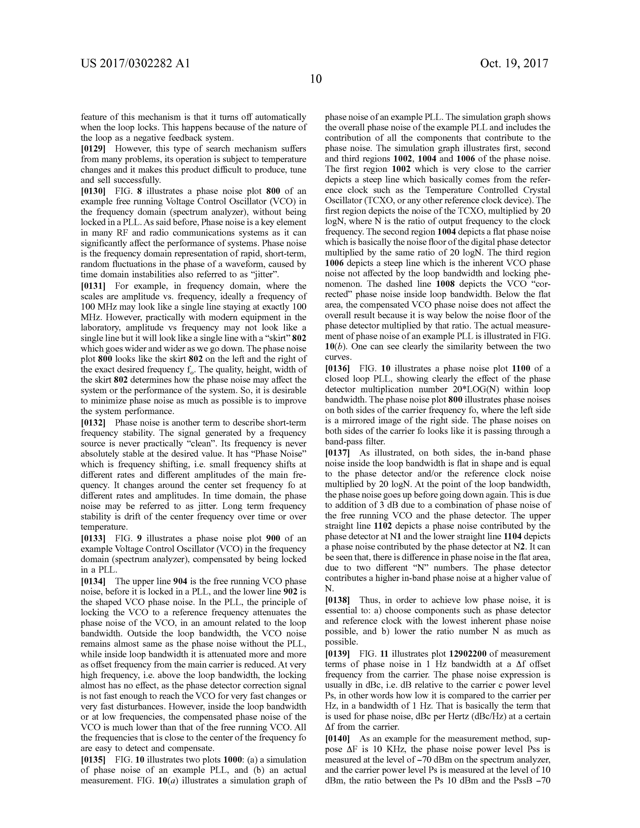 US 2017/0302282 A1 Oct.19,2017
feature of this mechanism is that it turnsoff automatically
when the loop locks. This happensbecause ofthe nature of
the loop as a negative feedback system .
[0129] However, this type of search mechanism suffers
from many problems,its operation is subjectto temperature
changes and itmakes this product difficult to produce, tune
and sellsuccessfully.
[0130] FIG . 8 illustrates a phase noise plot 800 of an
example free running Voltage ControlOscillator (VCO ) in
the frequency domain (spectrum analyzer), withoutbeing
locked in a PLL .Assaid before, Phase noise is a key element
in many RF and radio communications systems as it can
significantly affecttheperformance ofsystems. Phase noise
is the frequency domain representation of rapid , short-term ,
random fluctuations in the phase of a waveform , caused by
time domain instabilities also referred to as “ jitter" .
[0131] For example, in frequency domain, where the
scales are amplitude vs. frequency, ideally a frequency of
100 MHzmay look like a single line staying at exactly 100
MHz.However, practically with modern equipment in the
laboratory, amplitude vs frequency may not look like a
single line butitwill look like a single linewith a “skirt” 802
which goeswider and wideraswegodown. The phasenoise
plot800 looks like the skirt 802 on the left and the rightof
the exact desired frequency fo. The quality,height,width of
the skirt 802 determineshow the phase noise may affect the
system or theperformance of the system . So, it is desirable
to minimize phase noise as much aspossible is to improve
the system performance.
[0132] Phase noise is anotherterm to describeshort-term
frequency stability. The signal generated by a frequency
source is never practically “clean” . Its frequency is never
absolutely stable at the desired value. Ithas “Phase Noise”
which is frequency shifting, i.e. small frequency shifts at
different rates and different amplitudes of the main fre
quency. It changes around the center set frequency fo at
different rates and amplitudes. In time domain, the phase
noise may be referred to as jitter. Long term frequency
stability is drift of the center frequency over time or over
temperature.
[0133] FIG . 9 illustrates a phase noise plot 900 of an
example Voltage ControlOscillator (VCO ) in the frequency
domain (spectrum analyzer), compensated by being locked
in a PLL.
[0134] Theupperline 904 is the free running VCO phase
noise,before it is locked in a PLL, and the lower line 902 is
the shaped VCO phase noise. In the PLL, the principle of
locking the VCO to a reference frequency attenuates the
phase noise of the VCO, in an amount related to the loop
bandwidth. Outside the loop bandwidth, the VCO noise
remains almost same as the phase noise without the PLL ,
while inside loop bandwidth it is attenuatedmore andmore
asoffset frequency from themain carrier is reduced.At very
high frequency, i.e. above the loop bandwidth , the locking
almosthasno effect, as the phase detector correction signal
is not fast enough to reach the VCO for very fast changes or
very fast disturbances.However, inside the loopbandwidth
or at low frequencies, the compensated phase noise of the
VCO is much lower than that of the free running VCO . All
the frequencies that is close to the centerofthe frequency fo
are easy to detect and compensate .
[0135] FIG . 10 illustratestwo plots 1000: (a ) a simulation
of phase noise of an example PLL , and (b ) an actual
measurement. FIG . 10(a ) illustrates a simulation graph of
phasenoise ofan example PLL. The simulation graph shows
the overall phase noise ofthe example PLL and includes the
contribution of all the components that contribute to the
phase noise. The simulation graph illustrates first, second
and third regions 1002, 1004 and 1006 ofthe phase noise.
The first region 1002 which is very close to the carrier
depicts a steep line which basically comes from the refer
ence clock such as the Temperature Controlled Crystal
Oscillator (TCXO , or any other reference clock device). The
first region depicts thenoise ofthe TCXO,multiplied by 20
logN , where N is the ratio ofoutput frequency to the clock
frequency. The second region 1004 depictsa flatphase noise
which isbasically the noisefloorofthedigitalphase detector
multiplied by the same ratio of 20 logN . The third region
1006 depicts a steep line which is the inherent VCO phase
noise not affected by the loop bandwidth and locking phe
nomenon. The dashed line 1008 depicts the VCO "cor
rected” phase noise inside loop bandwidth .Below the flat
area, the compensated VCO phase noise does notaffect the
overall result because it is way below the noise floor of the
phase detectormultiplied by that ratio . The actualmeasure
ment of phase noise of an example PLL is illustrated in FIG .
10 (! ). One can see clearly the similarity between the two
curves.
[0136] FIG . 10 illustrates a phase noise plot 1100 of a
closed loop PLL , showing clearly the effect of the phase
detector multiplication number 20*LOG (N ) within loop
bandwidth .The phase noise plot 800 illustrates phase noises
on both sides ofthe carrier frequency fo, where the left side
is a mirrored image of the right side. The phase noises on
both sides ofthe carrier fo looks like it is passing through a
band-pass filter.
[0137] As illustrated, on both sides, the in-band phase
noise inside the loop bandwidth is flat in shape and is equal
to the phase detector and/or the reference clock noise
multiplied by 20 logN .Atthepointof the loop bandwidth ,
thephase noise goes up before going down again . This is due
to addition of 3 dB due to a combination ofphase noise of
the free running VCO and the phase detector. The upper
straight line 1102 depicts a phase noise contributed by the
phase detector atN1and the lower straightline 1104 depicts
a phase noise contributed by the phase detector atN2. It can
be seen that, there is difference in phase noise in the flatarea,
due to two different “ N ” numbers. The phase detector
contributes a higher in-band phase noise at a higher value of
N .
[0138] Thus, in order to achieve low phase noise, it is
essential to : a ) choose components such as phase detector
and reference clock with the lowest inherent phase noise
possible, and b ) lower the ratio number N as much as
possible.
[0139] FIG . 11 illustrates plot 12902200 ofmeasurement
terms of phase noise in 1 Hz bandwidth at a Af offset
frequency from the carrier. The phase noise expression is
usually in dBc, i.e. dB relative to the carrier c power level
Ps, in otherwordshow low it is compared to the carrier per
Hz, in abandwidth of 1 Hz. That isbasically theterm that
is used for phase noise,dBc perHertz (dBc/Hz)at a certain
Af from the carrier.
[0140] As an example forthemeasurementmethod, sup
pose AF is 10 KHz, the phase noise power level Pss is
measured at the level of - 70 dBm on the spectrum analyzer,
and the carrier power level Ps is measured at thelevel of 10
dBm , the ratio between the Ps 10 dBm and the PssB - 70
 