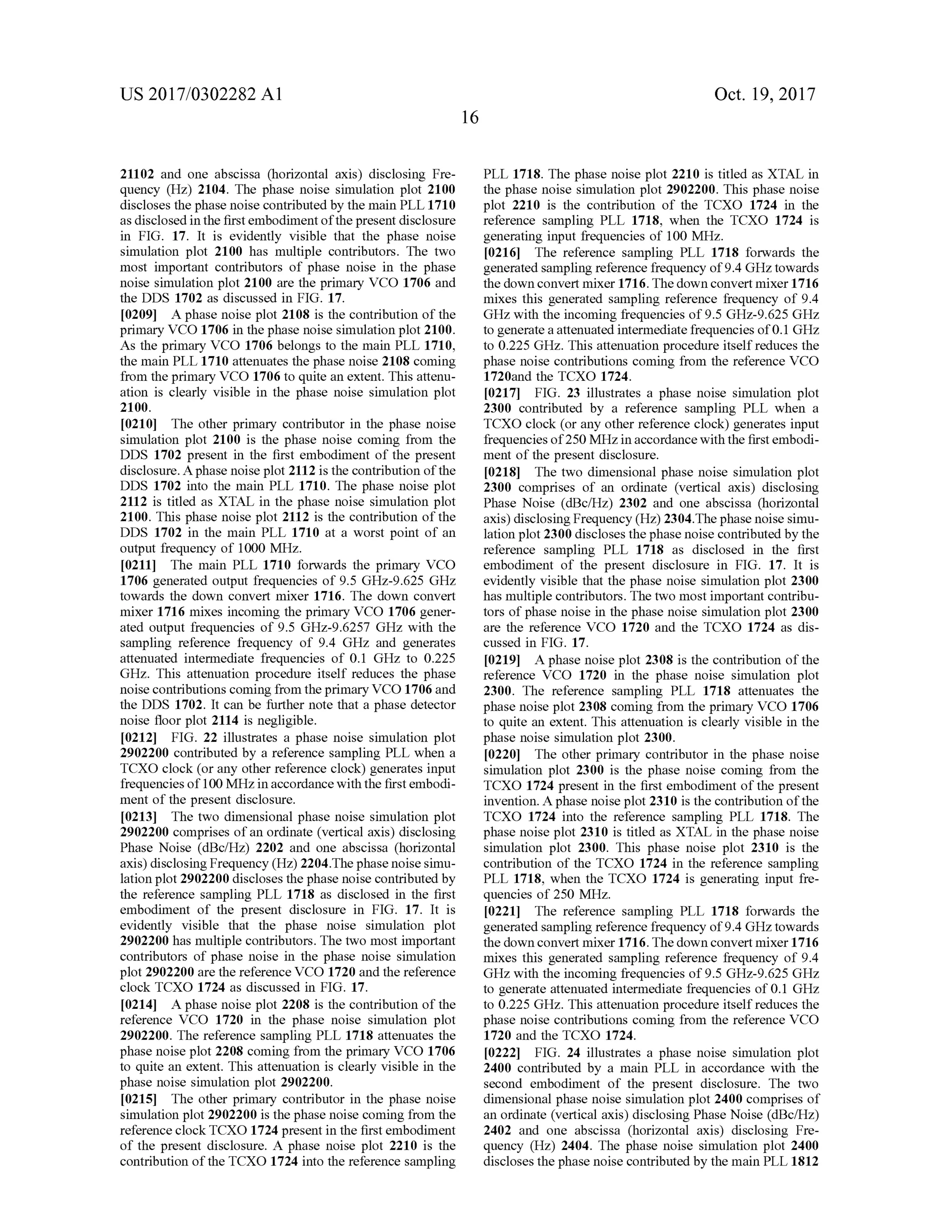 US 2017/0302282 A1 Oct.19,2017
21102 and one abscissa (horizontal axis) disclosing Fre
quency (Hz) 2104. The phase noise simulation plot 2100
discloses the phase noise contributed by the main PLL 1710
asdisclosed in the first embodimentofthepresent disclosure
in FIG . 17. It is evidently visible that the phase noise
simulation plot 2100 has multiple contributors. The two
most important contributors of phase noise in the phase
noise simulation plot 2100 are the primary VCO 1706 and
the DDS 1702 as discussed in FIG . 17.
[0209] A phase noise plot 2108 is the contribution of the
primary VCO 1706 in the phase noise simulation plot 2100.
As the primary VCO 1706 belongs to the main PLL 1710,
themain PLL 1710 attenuates the phase noise 2108 coming
from the primary VCO 1706 to quite an extent. This attenu
ation is clearly visible in the phase noise simulation plot
2100 .
[0210] The other primary contributor in the phase noise
simulation plot 2100 is the phase noise coming from the
DDS 1702 present in the first embodiment ofthe present
disclosure. A phase noise plot 2112 is the contribution ofthe
DDS 1702 into the main PLL 1710 . The phase noise plot
2112 is titled as XTAL in the phase noise simulation plot
2100. This phase noise plot 2112 is the contribution ofthe
DDS 1702 in the main PLL 1710 at a worst point ofan
output frequency of 1000 MHz.
[0211] The main PLL 1710 forwards the primary VCO
1706 generated output frequencies of 9.5 GHz-9 .625 GHz
towards the down convertmixer 1716. The down convert
mixer 1716 mixes incoming the primary VCO 1706 gener
ated output frequencies of 9.5 GHz-9.6257 GHz with the
sampling reference frequency of 9.4 GHz and generates
attenuated intermediate frequencies of 0.1 GHz to 0 .225
GHz. This attenuation procedure itself reduces the phase
noise contributions coming from the primary VCO 1706 and
the DDS 1702. It can be further note that a phase detector
noise floor plot 2114 is negligible.
[0212] FIG . 22 illustrates a phase noise simulation plot
2902200 contributed by a reference sampling PLL when a
TCXO clock (orany other reference clock ) generates input
frequenciesof 100MHz in accordancewith the firstembodi
mentof the present disclosure.
[0213] The two dimensional phase noise simulation plot
2902200 comprises ofan ordinate (verticalaxis) disclosing
Phase Noise (dBc/Hz) 2202 and one abscissa (horizontal
axis) disclosing Frequency (Hz) 2204.The phase noise simu
lation plot 2902200 discloses the phase noise contributed by
the reference sampling PLL 1718 as disclosed in the first
embodiment of the present disclosure in FIG . 17. It is
evidently visible that the phase noise simulation plot
2902200 hasmultiple contributors. The twomost important
contributors of phase noise in the phase noise simulation
plot 2902200 are the reference VCO 1720 and the reference
clock TCXO 1724 as discussed in FIG . 17.
[0214] A phase noise plot 2208 is the contribution ofthe
reference VCO 1720 in the phase noise simulation plot
2902200. The reference sampling PLL 1718 attenuates the
phase noise plot 2208 coming from the primary VCO 1706
to quite an extent. This attenuation is clearly visible in the
phase noise simulation plot 2902200.
[0215] The other primary contributor in the phase noise
simulation plot 2902200 is the phase noise coming from the
reference clock TCXO 1724 presentin thefirst embodiment
of the present disclosure. A phase noise plot 2210 is the
contribution of the TCXO 1724 into the reference sampling
PLL 1718. The phase noise plot 2210 is titled as XTAL in
the phase noise simulation plot 2902200. This phase noise
plot 2210 is the contribution of the TCXO 1724 in the
reference sampling PLL 1718, when the TCXO 1724 is
generating input frequencies of 100 MHz.
[0216] The reference sampling PLL 1718 forwards the
generated sampling reference frequency of 9.4 GHz towards
the down convertmixer 1716. Thedownconvertmixer 1716
mixes this generated sampling reference frequency of 9 .4
GHzwith the incoming frequencies of 9.5 GHz-9.625GHz
to generate a attenuated intermediate frequencies of 0.1 GHz
to 0.225 GHz. This attenuation procedure itselfreducesthe
phase noise contributions coming from the reference VCO
1720and the TCXO 1724.
[0217] FIG . 23 illustrates a phase noise simulation plot
2300 contributed by a reference sampling PLL when a
TCXO clock (or any other reference clock) generatesinput
frequencies of 250 MHzin accordancewith the first embodi
ment ofthe present disclosure.
[0218] The two dimensionalphasenoise simulation plot
2300 comprises of an ordinate (vertical axis ) disclosing
Phase Noise (dBc/Hz) 2302 and one abscissa (horizontal
axis )disclosing Frequency (Hz) 2304.The phasenoise simu
lation plot2300 discloses the phase noise contributed by the
reference sampling PLL 1718 as disclosed in the first
embodiment of the present disclosure in FIG . 17. It is
evidently visible that the phase noise simulation plot 2300
hasmultiple contributors. The twomost important contribu
tors of phase noise in the phase noise simulation plot 2300
are the reference VCO 1720 and the TCXO 1724 as dis
cussed in FIG . 17.
[0219] A phase noise plot 2308 is the contribution of the
reference VCO 1720 in the phase noise simulation plot
2300. The reference sampling PLL 1718 attenuates the
phase noise plot 2308 coming from the primary VCO 1706
to quite an extent. This attenuation is clearly visible in the
phase noise simulation plot2300.
[0220] The other primary contributor in the phase noise
simulation plot 2300 is the phase noise coming from the
TCXO 1724 present in the first embodiment of the present
invention. A phase noise plot 2310 is the contribution ofthe
TCXO 1724 into the reference sampling PLL 1718. The
phase noise plot 2310 is titled as XTAL in the phase noise
simulation plot 2300. This phase noise plot 2310 is the
contribution of the TCXO 1724 in the reference sampling
PLL 1718, when the TCXO 1724 is generating input fre
quencies of 250 MHz.
[0221] The reference sampling PLL 1718 forwards the
generated sampling reference frequency of 9.4 GHztowards
the down convertmixer 1716 . Thedown convertmixer 1716
mixes this generated sampling reference frequency of 9.4
GHzwith the incoming frequenciesof 9.5 GHZ-9.625GHz
to generate attenuated intermediate frequencies of 0 .1 GHz
to 0 .225 GHz. This attenuation procedure itself reduces the
phase noise contributions coming from the reference VCO
1720 and the TCXO 1724.
[0222] FIG . 24 illustrates a phase noise simulation plot
2400 contributed by a main PLL in accordance with the
second embodiment of the present disclosure. The two
dimensional phase noise simulation plot 2400 comprises of
an ordinate (vertical axis) disclosing Phase Noise (dBc/Hz)
2402 and one abscissa (horizontal axis) disclosing Fre
quency (Hz) 2404. The phase noise simulation plot 2400
discloses the phase noise contributedbythemain PLL 1812
 