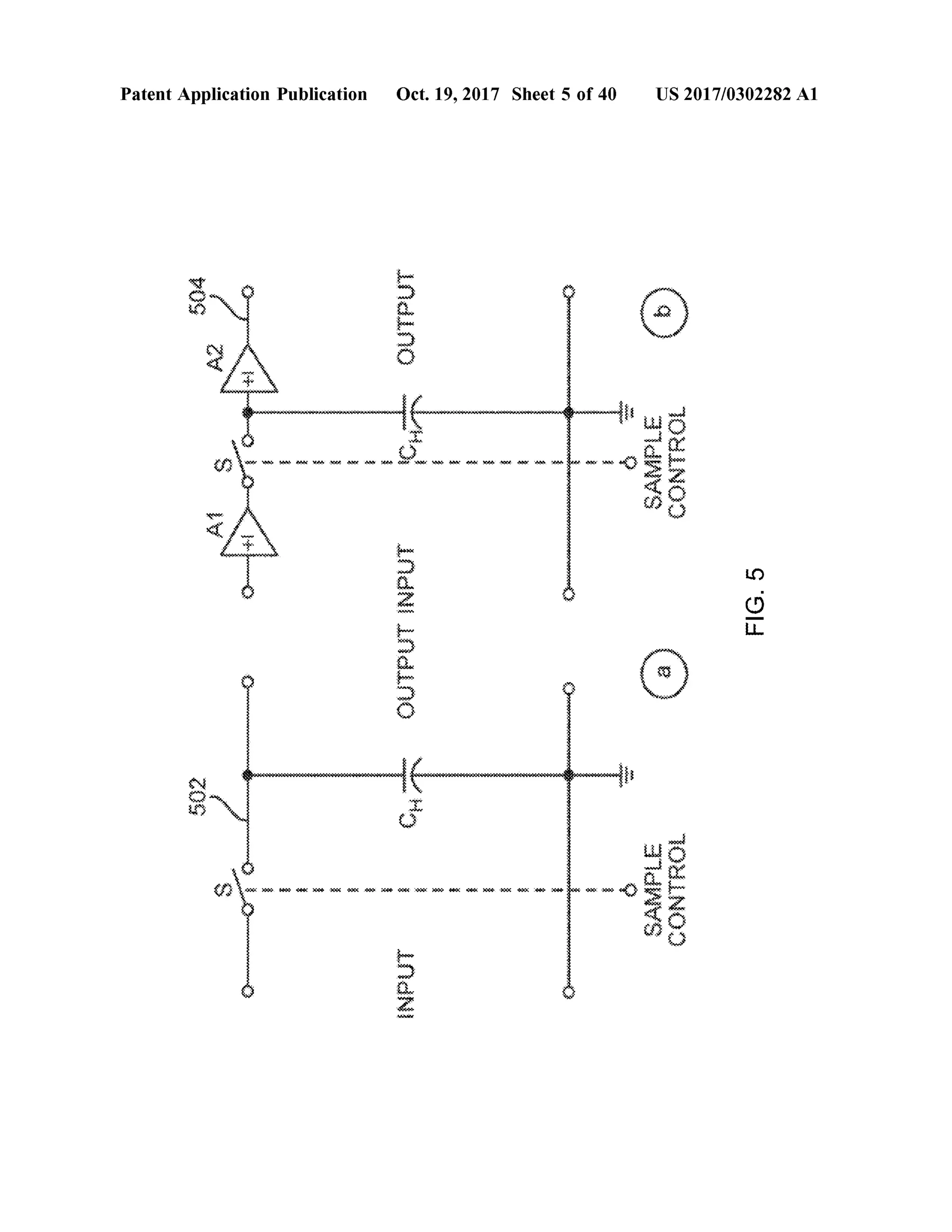 Patent Application Publication Oct.19,2017 Sheet 5 of 40 US 2017/0302282A1
504 **
OUTPUTrgate
argite
COXXWWWAAANoonTo* * * * * * *** * *** ** *** W W*
SAMPLECONTROLente
prioritariam WWWXXXXXX
OUTPUTINPUTC* ** FIG.5
***
a
WWWWWWWW40W www.
502 CH
* * ** * * *** *** ** *** *i * *** * ** * *** ***
WAWAUUAWXXHAXXWWWWW* See
Quawwwwwwwbanaman SAMPLEH CONTROLINPUT
 